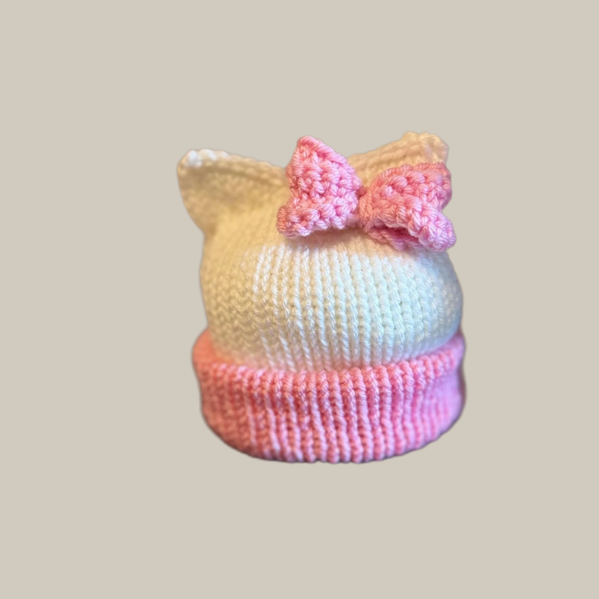 Kitty ears beanie hat, white and pink beanie hat with cat ears - Sizes newborn to adult. - Lilly Grace Sparkle Boutique