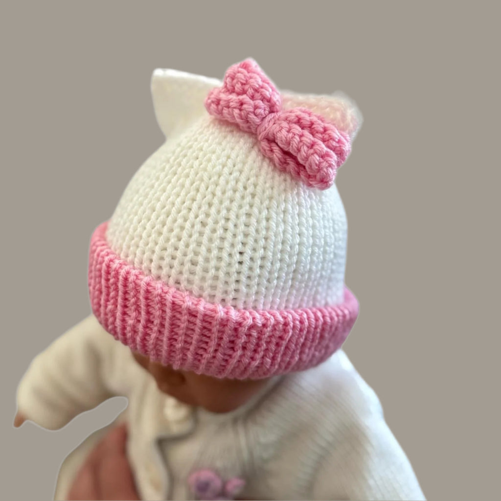 Kitty ears beanie hat, white and pink beanie hat with cat ears - Sizes newborn to adult. - Lilly Grace Sparkle Boutique