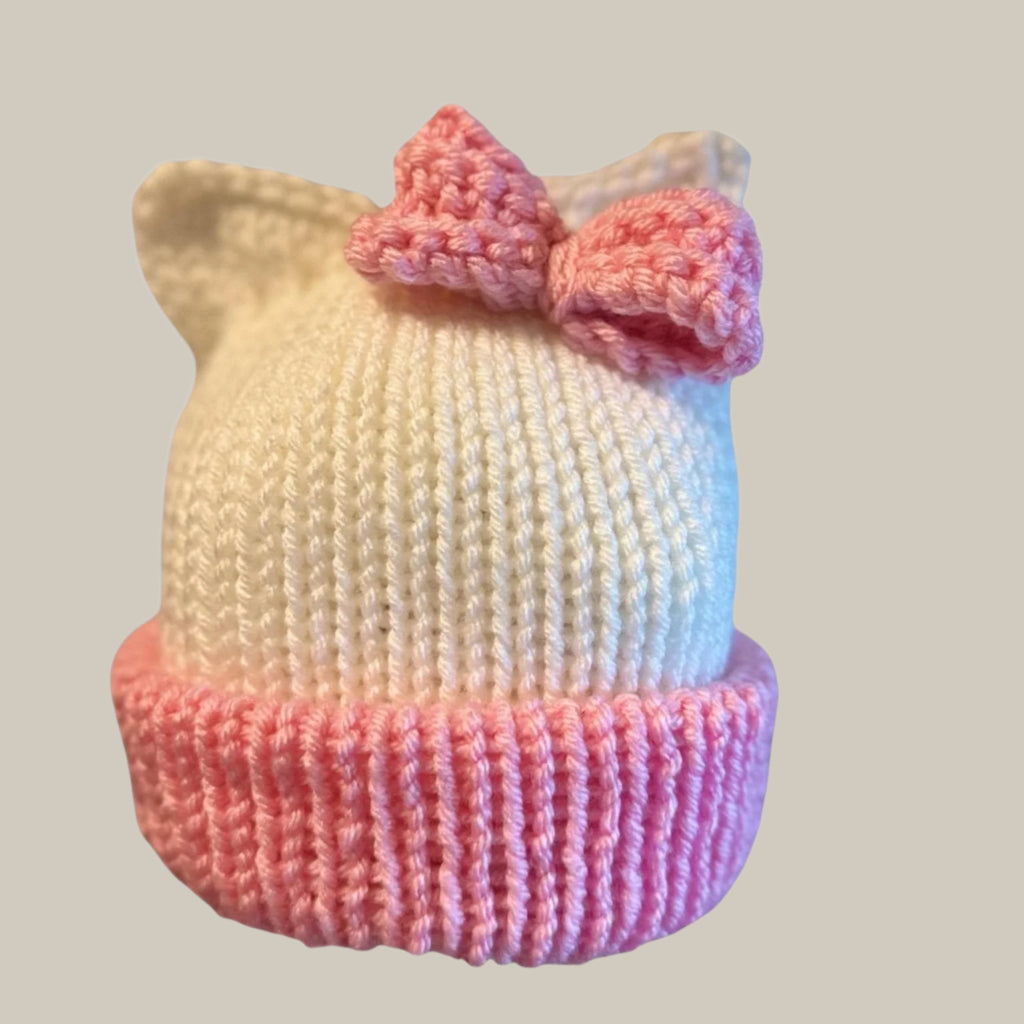 Kitty ears beanie hat, white and pink beanie hat with cat ears - Sizes newborn to adult. - Lilly Grace Sparkle Boutique