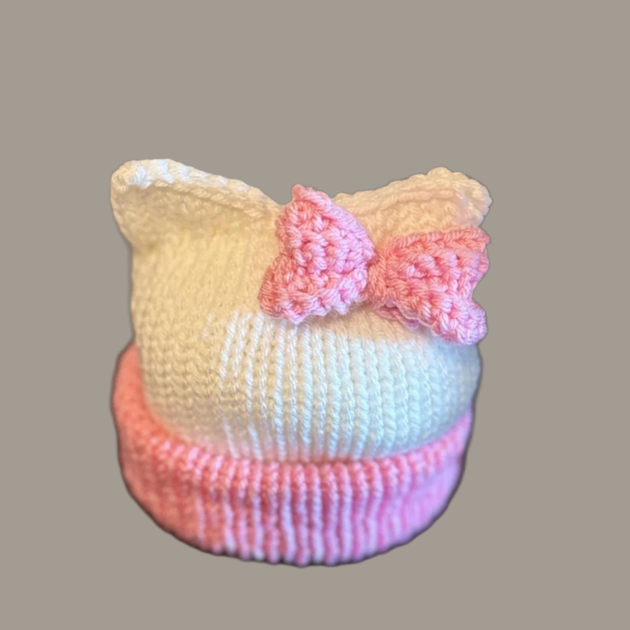 Kitty ears beanie hat, white and pink beanie hat with cat ears - Sizes newborn to adult. - Lilly Grace Sparkle Boutique