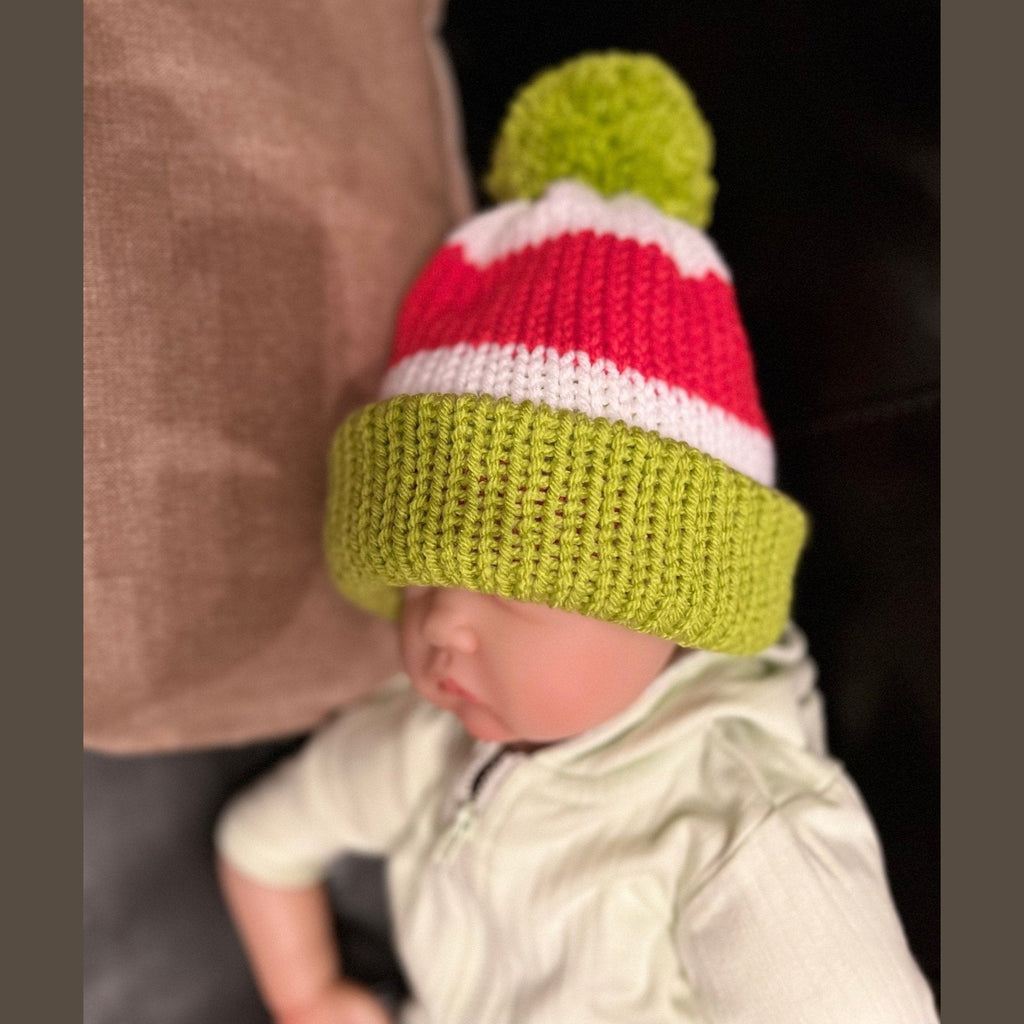 Newborn baby Christmas beanie hat with pompom , red - white - lime green colored, sizes newborn to adult, Grinch hat, baby Grinch hat with pom - Lilly Grace Sparkle Boutique