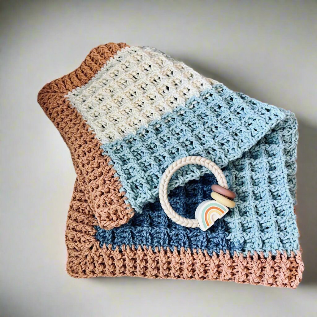 Beach vibes baby blanket in blue, white, and light brown. Modern heirloom blanket, baby shower gift 27”x23” cradle/ basinet/carseat blanket - Lilly Grace Sparkle Boutique