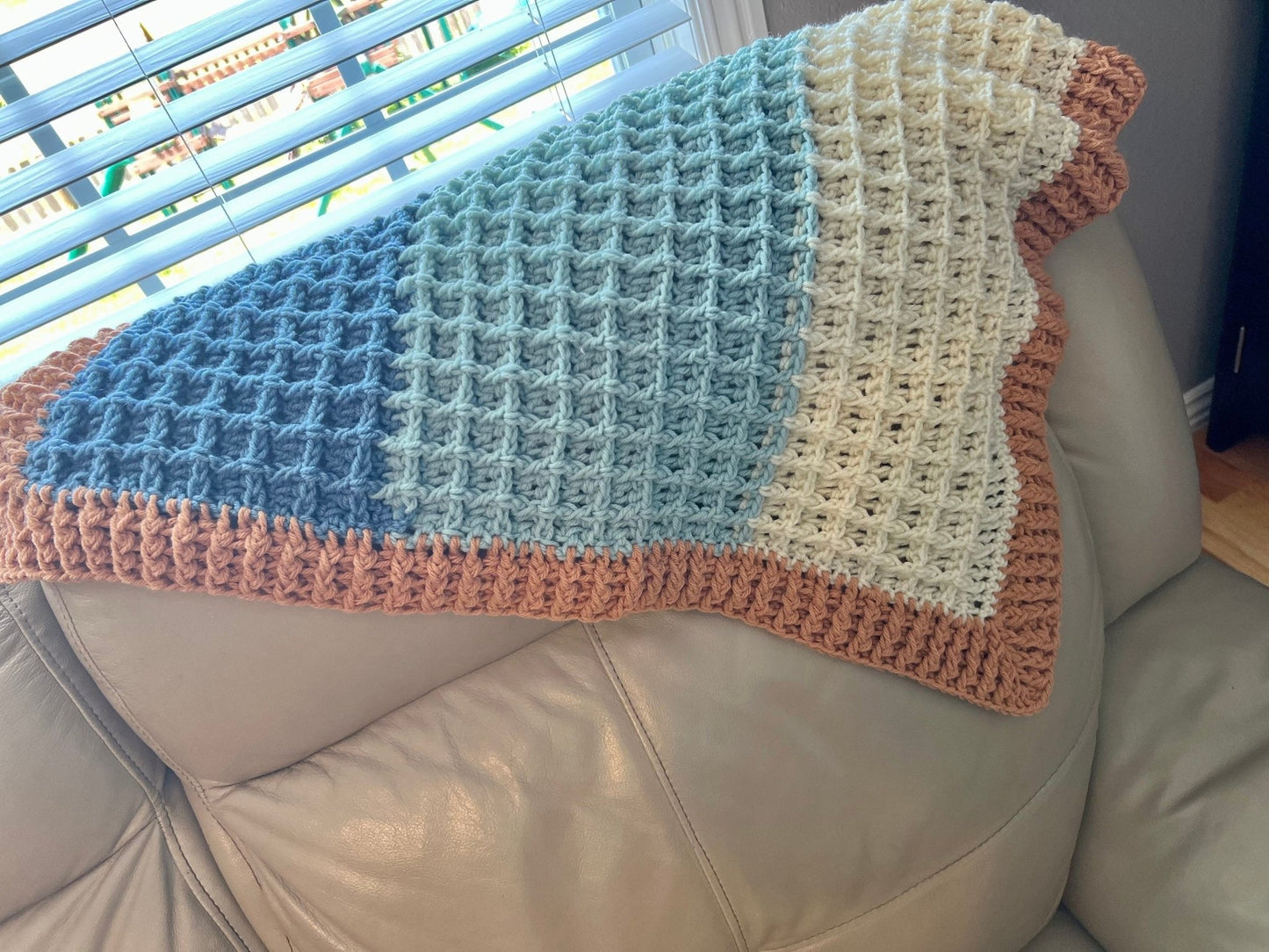 Beach vibes baby blanket in blue, white, and light brown. Modern heirloom blanket, baby shower gift 27”x23” cradle/ basinet/carseat blanket - Lilly Grace Sparkle Boutique