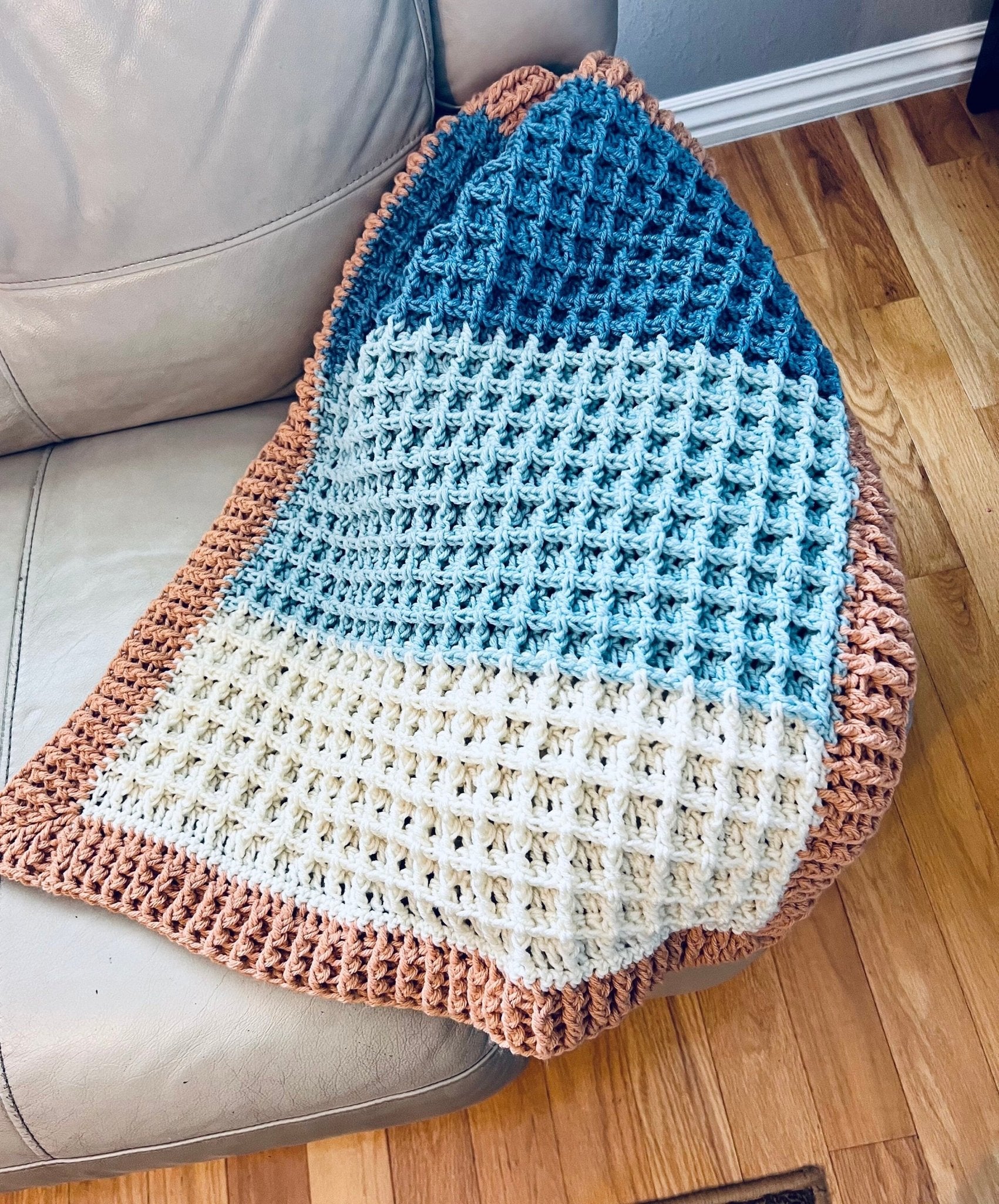 Beach vibes baby blanket in blue, white, and light brown. Modern heirloom blanket, baby shower gift 27”x23” cradle/ basinet/carseat blanket - Lilly Grace Sparkle Boutique