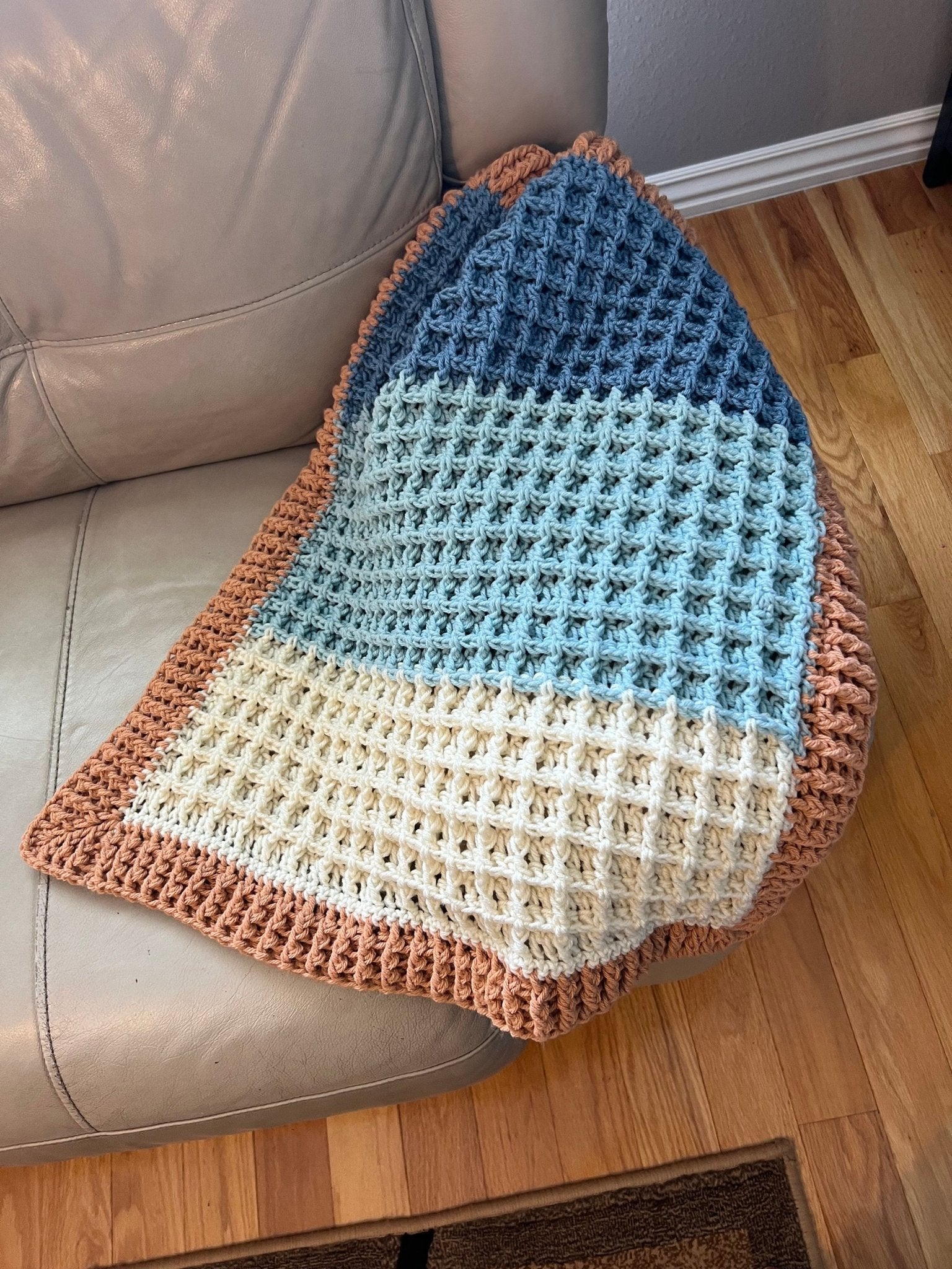 Beach vibes baby blanket in blue, white, and light brown. Modern heirloom blanket, baby shower gift 27”x23” cradle/ basinet/carseat blanket - Lilly Grace Sparkle Boutique