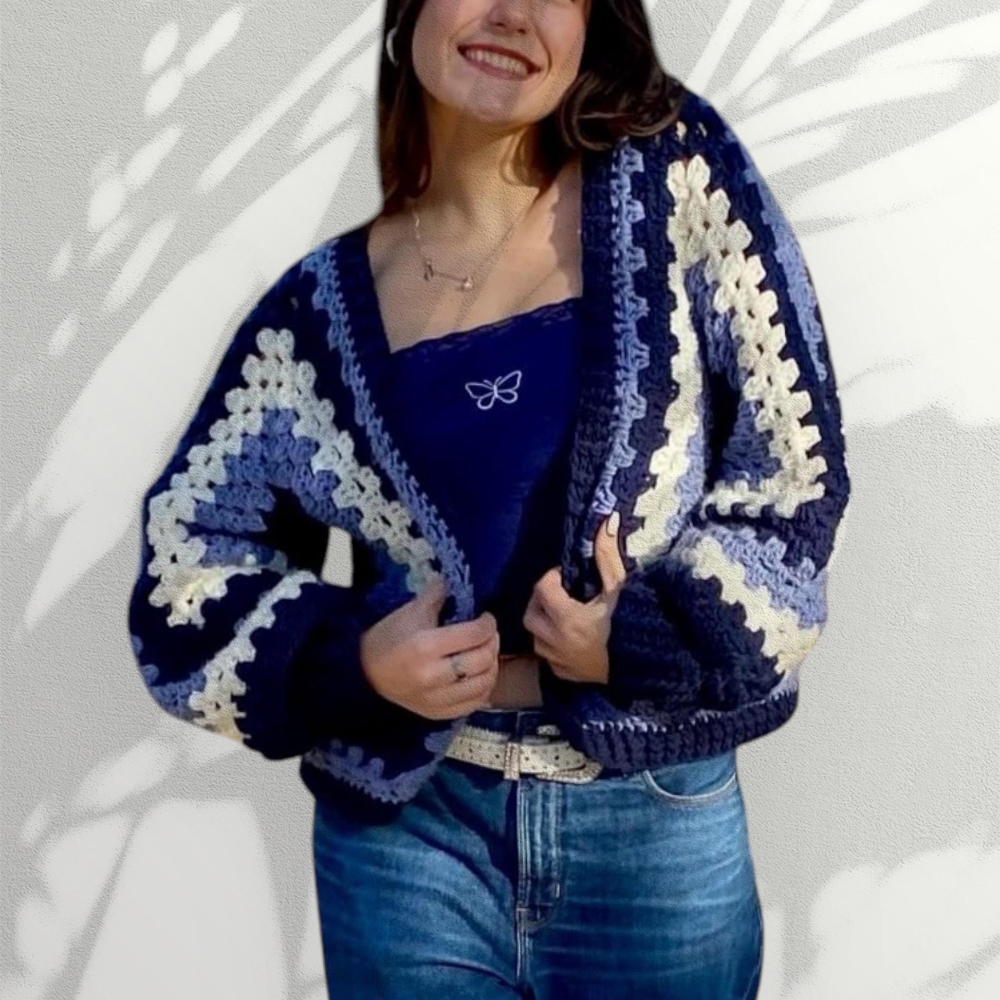 Crochet granny hexagon cardigan for girl/woman - women’s fashion - navy blue - light blue - and white. - Lilly Grace Sparkle Boutique