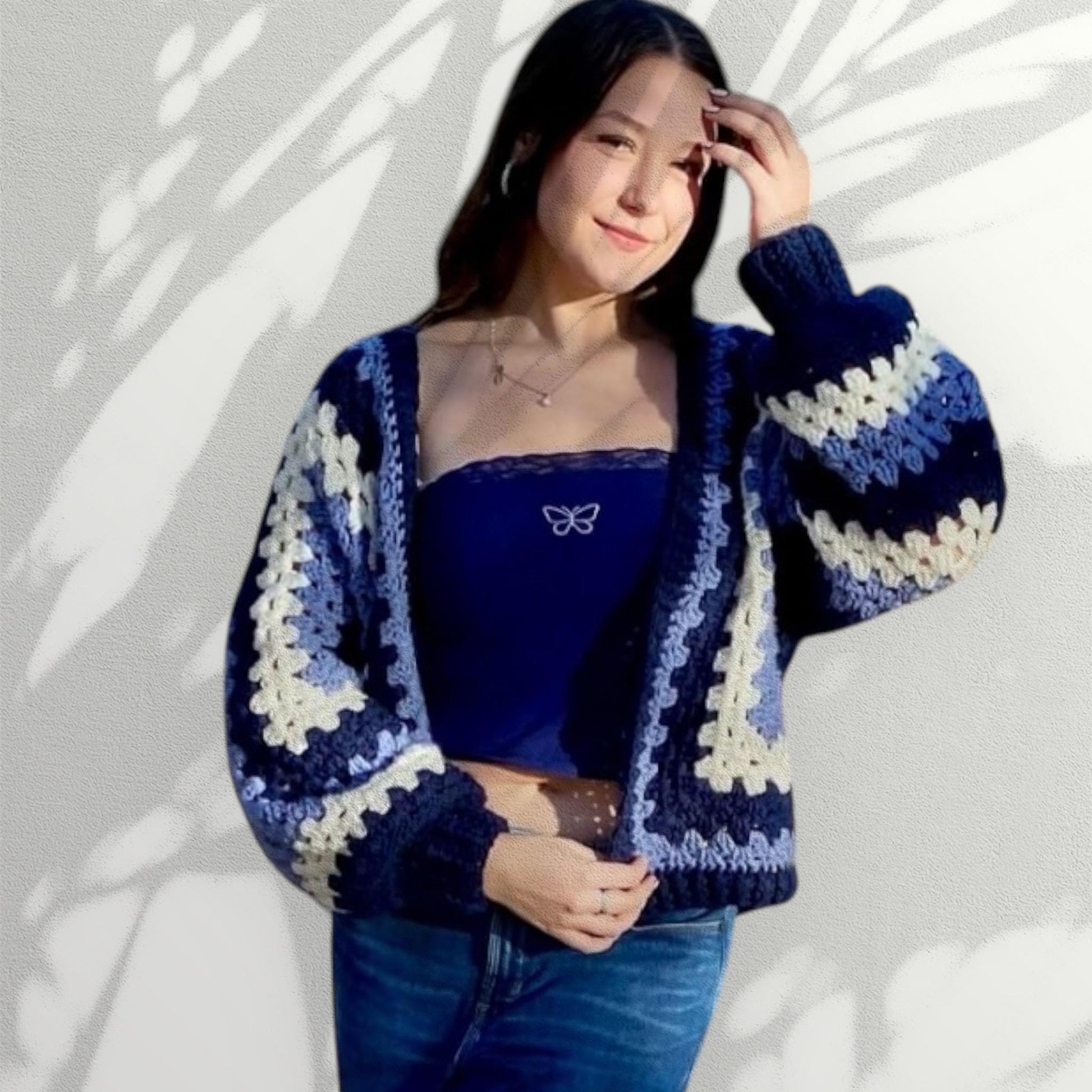 Crochet granny hexagon cardigan for girl/woman - women’s fashion - navy blue - light blue - and white. - Lilly Grace Sparkle Boutique