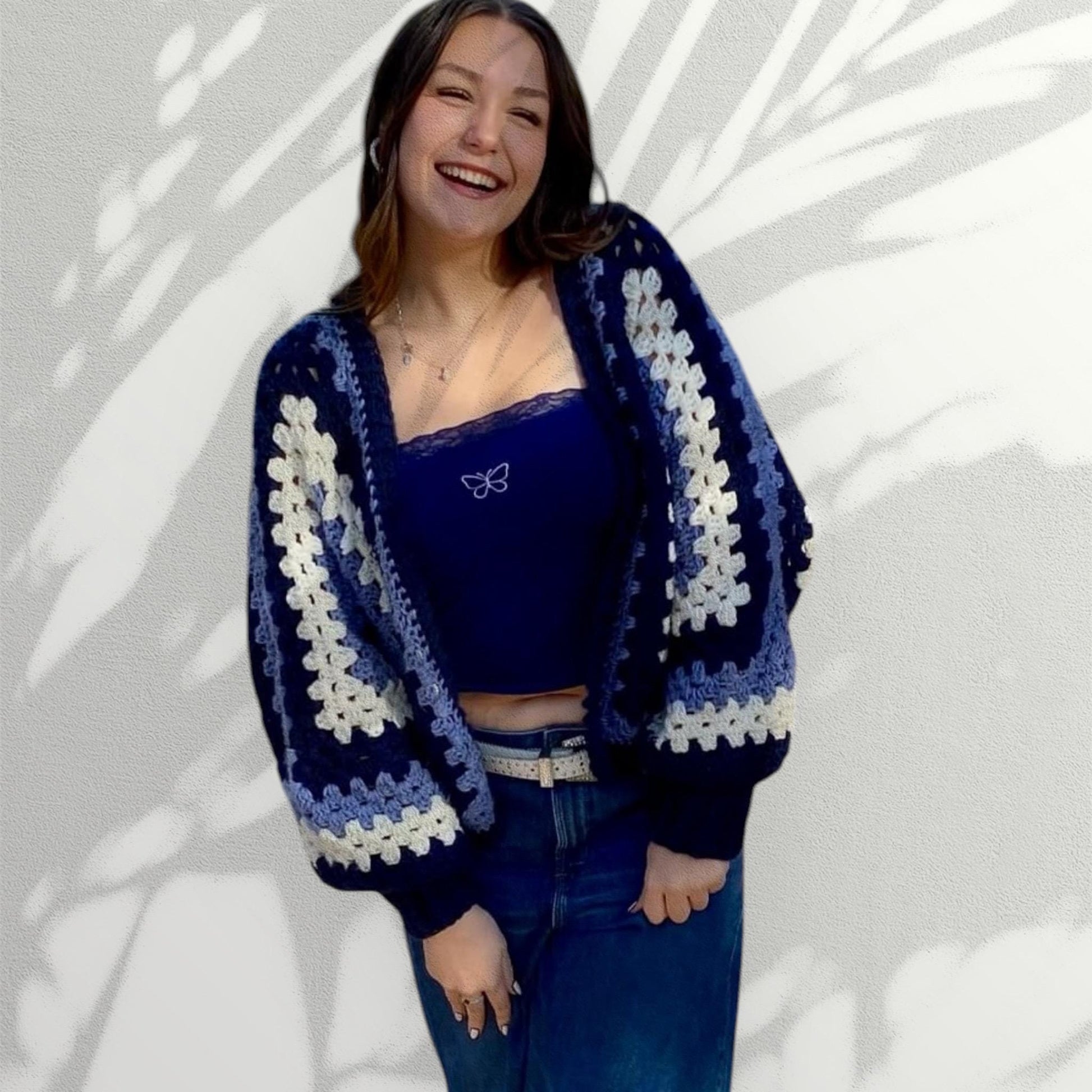 Crochet granny hexagon cardigan for girl/woman - women’s fashion - navy blue - light blue - and white. - Lilly Grace Sparkle Boutique