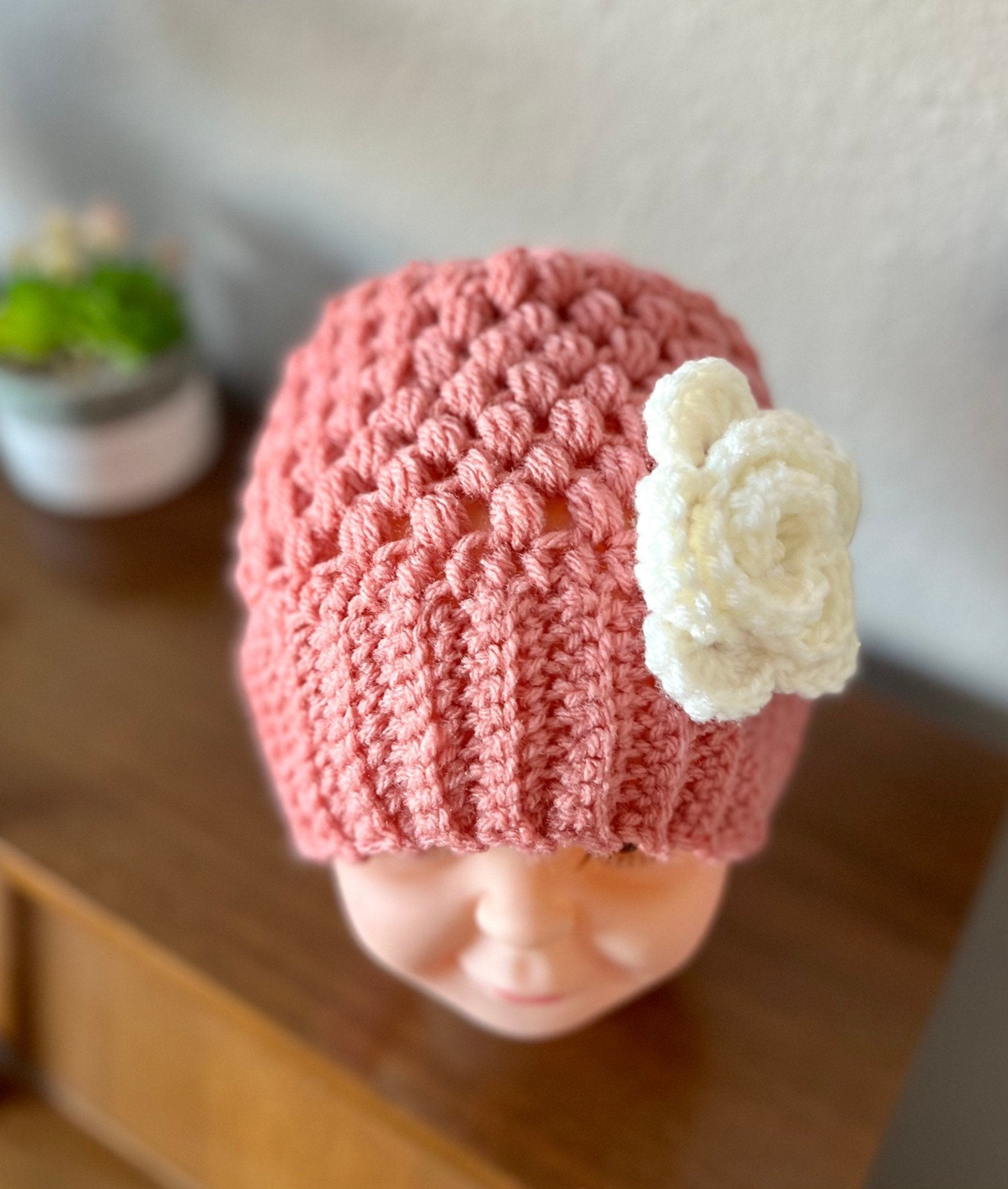 crochet hat for girl, pink hat with white crochet flower, great gift for any occasion, baby girl crochet hat - Lilly Grace Sparkle Boutique