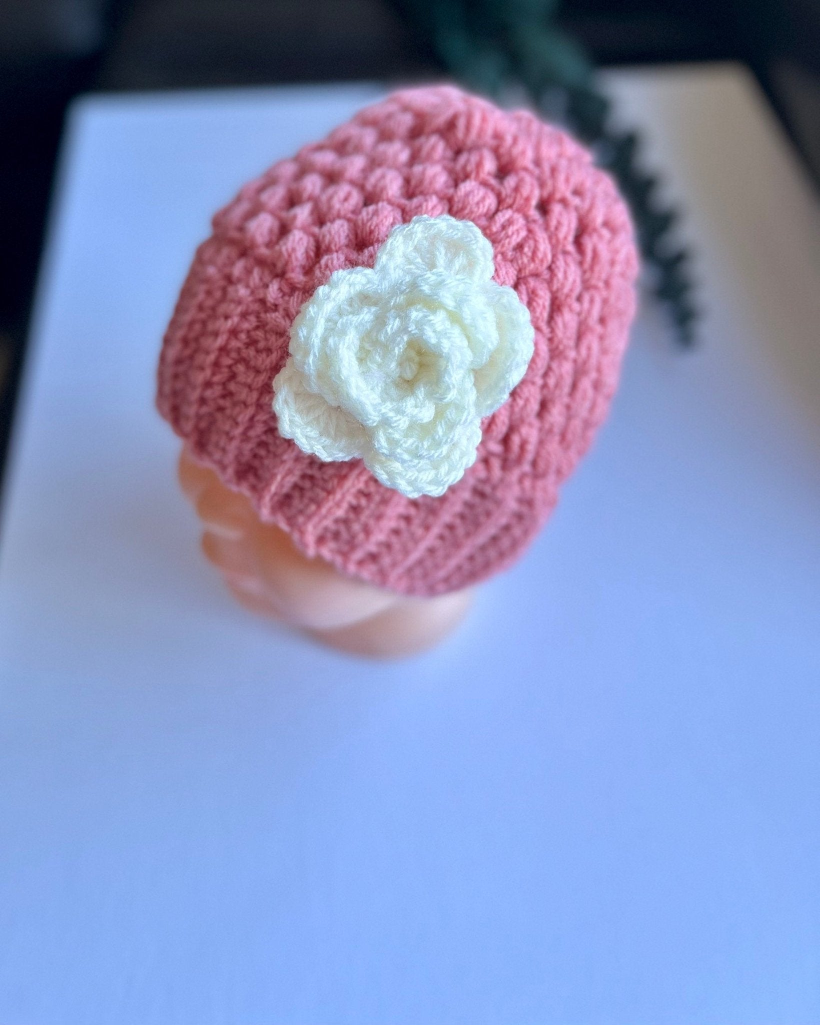 crochet hat for girl, pink hat with white crochet flower, great gift for any occasion, baby girl crochet hat - Lilly Grace Sparkle Boutique