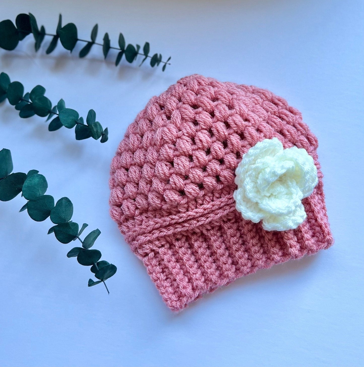 crochet hat for girl, pink hat with white crochet flower, great gift for any occasion, baby girl crochet hat - Lilly Grace Sparkle Boutique