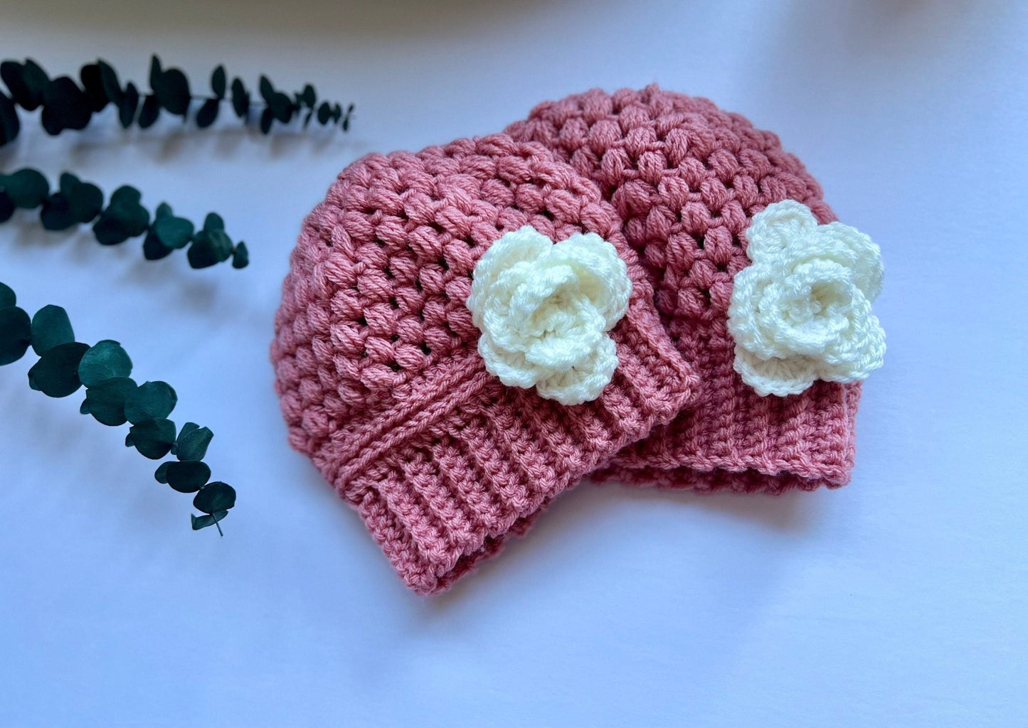 crochet hat for girl, pink hat with white crochet flower, great gift for any occasion, baby girl crochet hat - Lilly Grace Sparkle Boutique