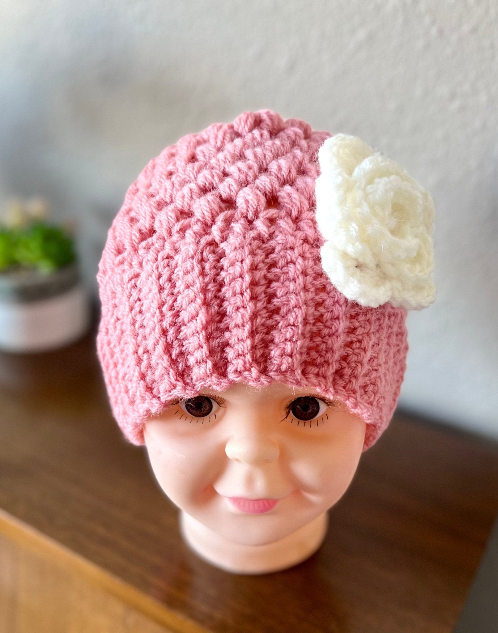 crochet hat for girl, pink hat with white crochet flower, great gift for any occasion, baby girl crochet hat - Lilly Grace Sparkle Boutique