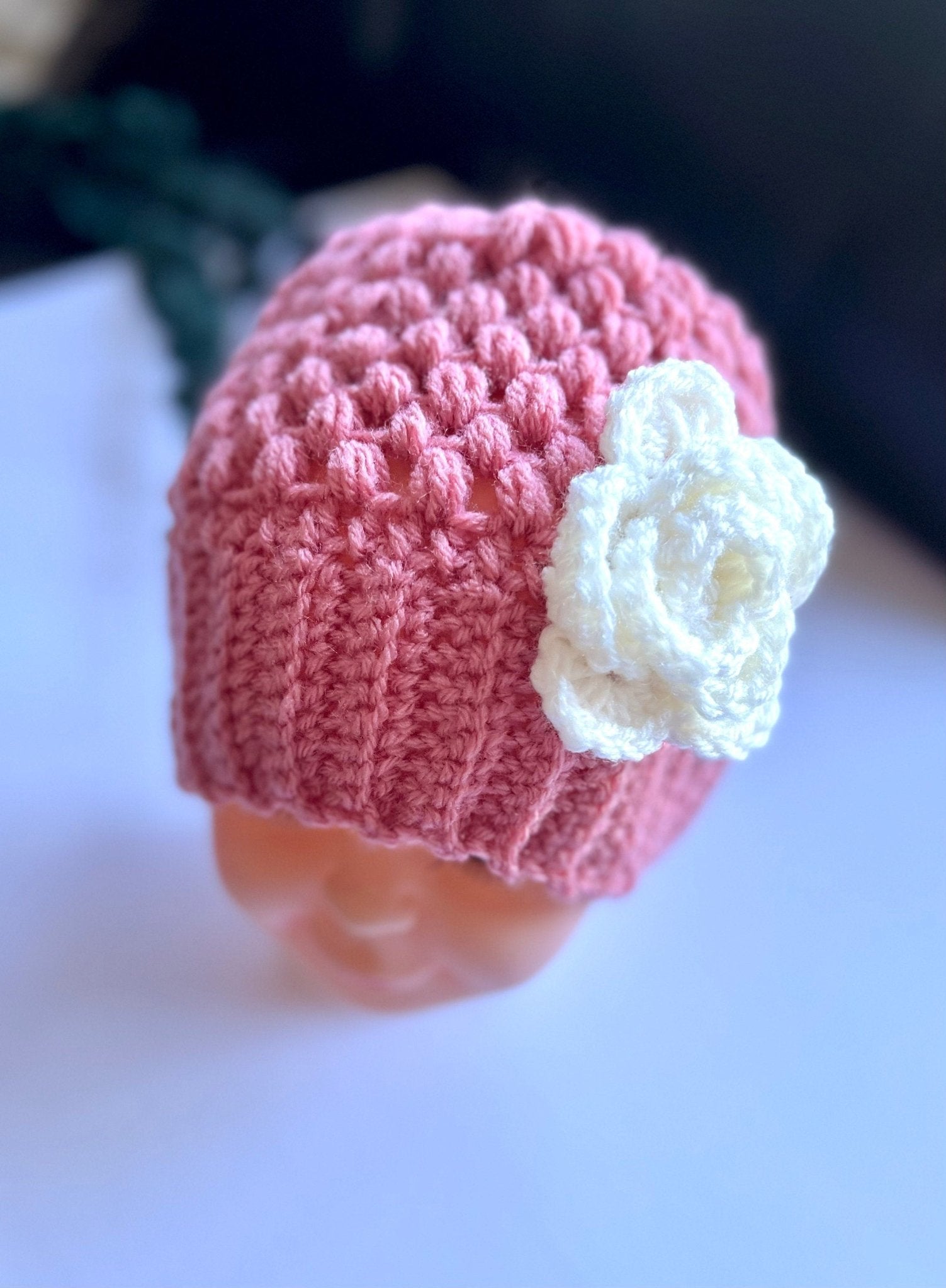 crochet hat for girl, pink hat with white crochet flower, great gift for any occasion, baby girl crochet hat - Lilly Grace Sparkle Boutique