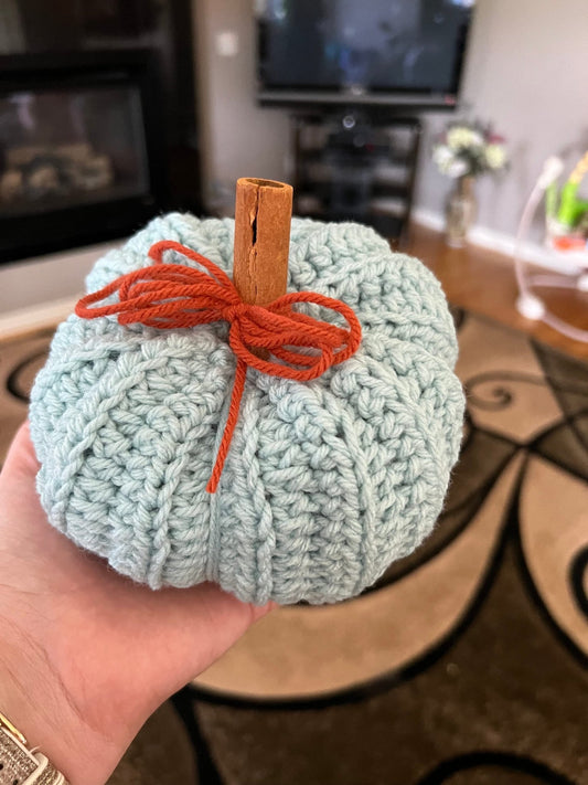 Decorative handmade crochet pumpkin in blue, pumpkin spice and terracota colors, autumn decor, fall room decor, blue pumpkin - Lilly Grace Sparkle Boutique