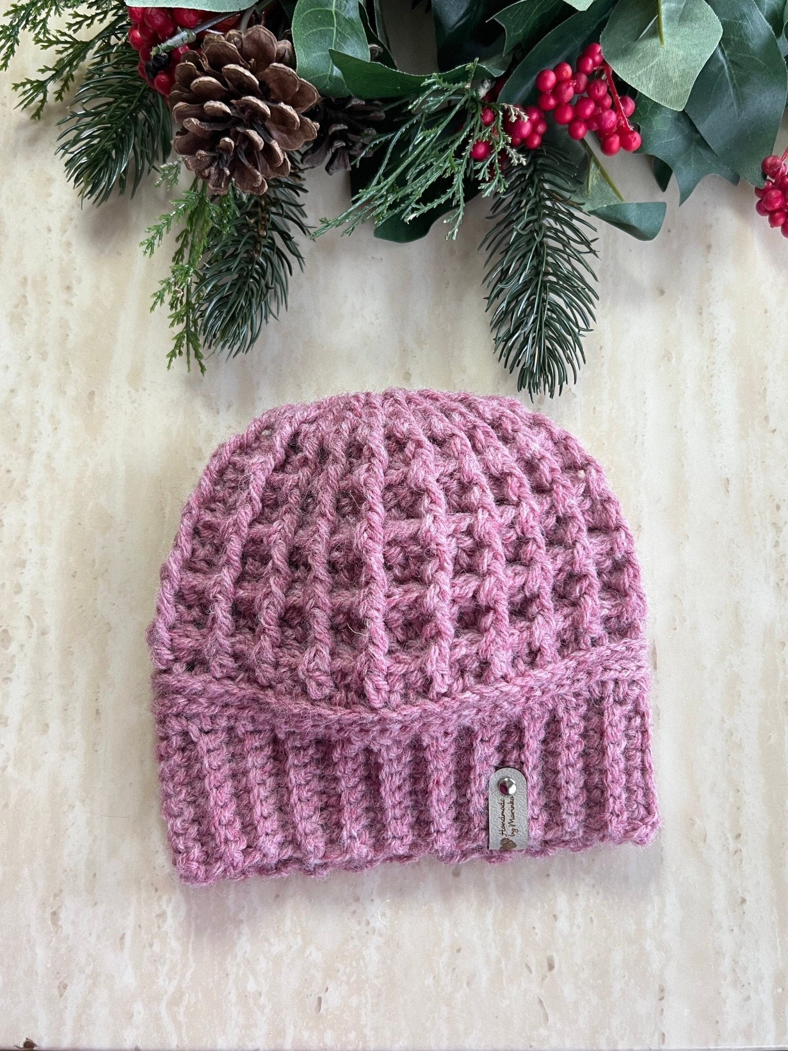 Handmade crochet mauve pink Winter Hat for Cozy Style. Wool/acrylic blend yarn beanie hat, trendy hat, hat for girl, hat for woman - Lilly Grace Sparkle Boutique