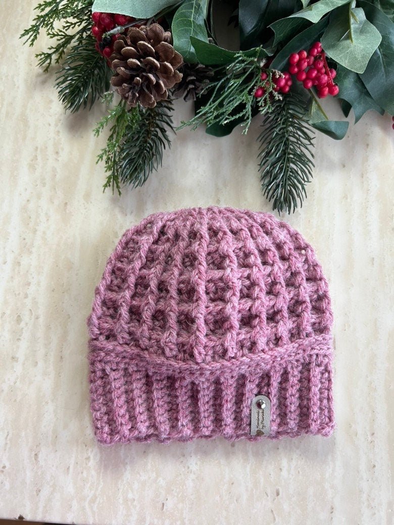 Handmade crochet mauve pink Winter Hat for Cozy Style. Wool/acrylic blend yarn beanie hat, trendy hat, hat for girl, hat for woman - Lilly Grace Sparkle Boutique