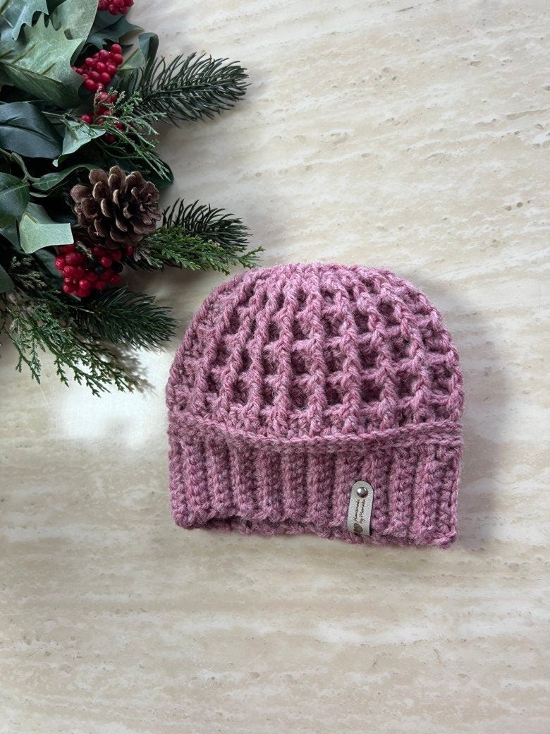 Handmade crochet mauve pink Winter Hat for Cozy Style. Wool/acrylic blend yarn beanie hat, trendy hat, hat for girl, hat for woman - Lilly Grace Sparkle Boutique