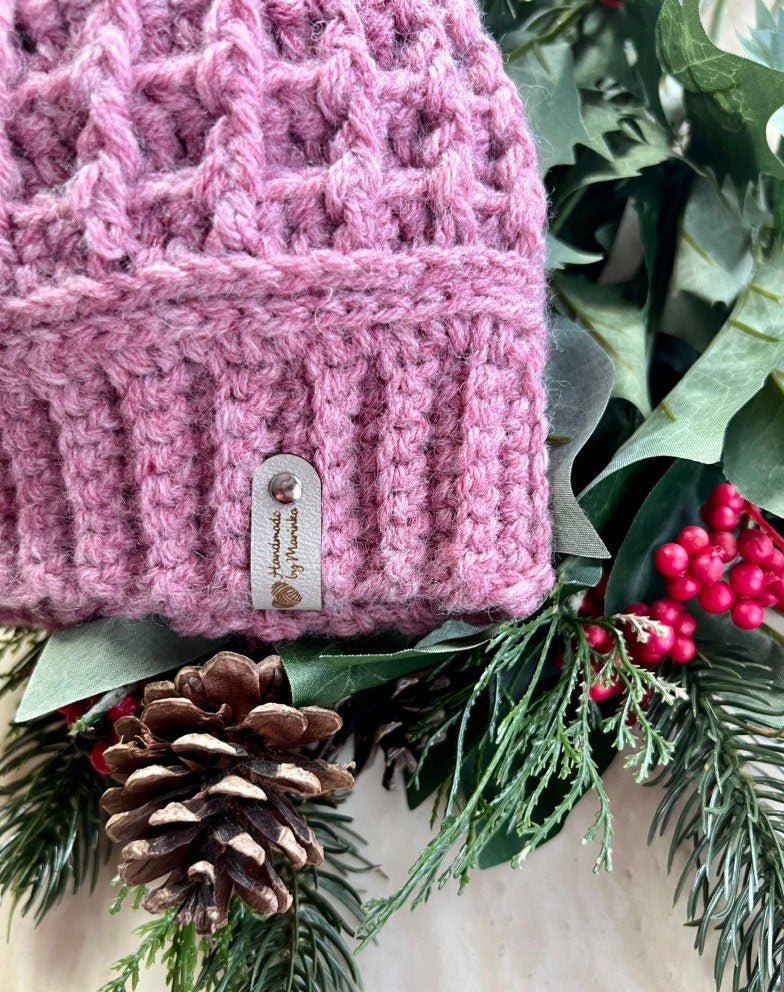 Handmade crochet mauve pink Winter Hat for Cozy Style. Wool/acrylic blend yarn beanie hat, trendy hat, hat for girl, hat for woman - Lilly Grace Sparkle Boutique