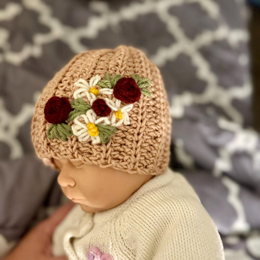 Hat for baby - crochet with hand embroidered flowers - beige size newborn to 3T available - Lilly Grace Sparkle Boutique