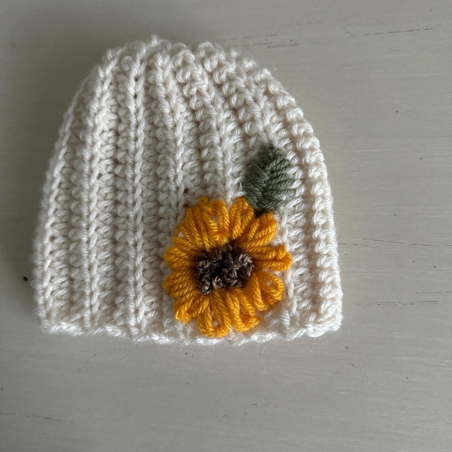 Hat for baby - crochet with hand embroidered sunflower - beige size newborn to 3T available - Lilly Grace Sparkle Boutique