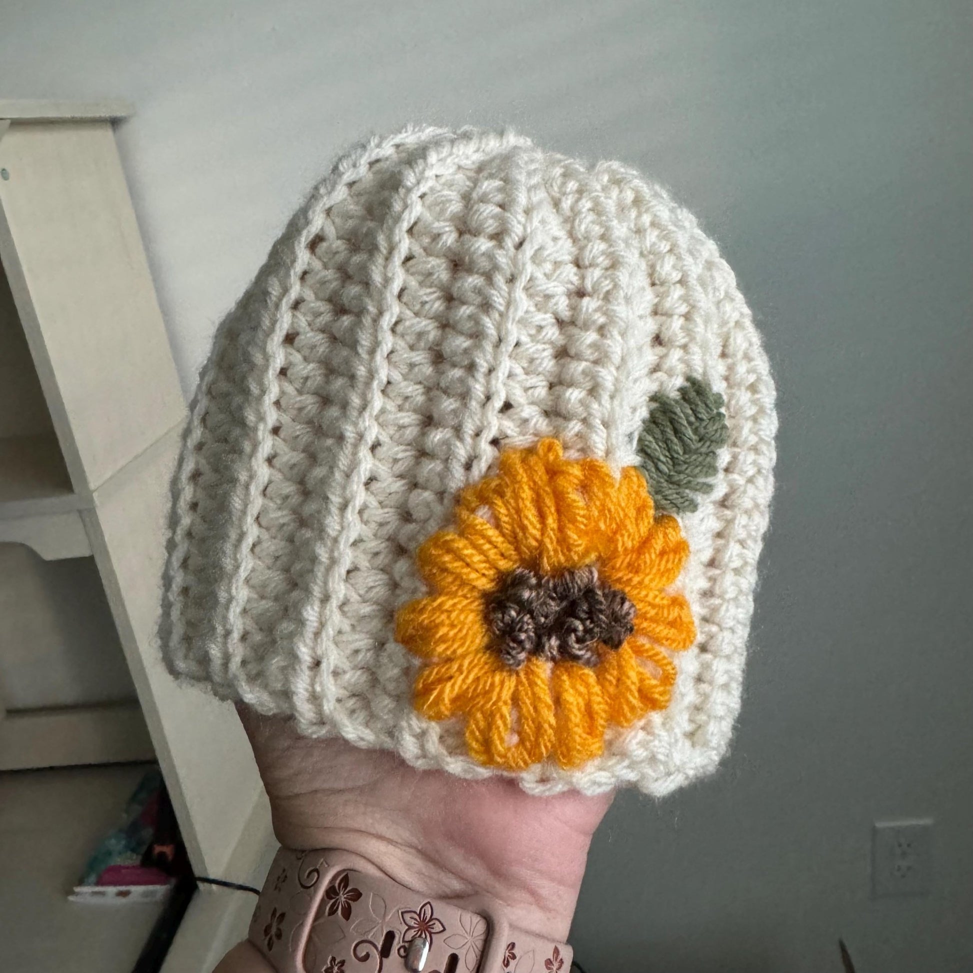 Hat for baby - crochet with hand embroidered sunflower - beige size newborn to 3T available - Lilly Grace Sparkle Boutique