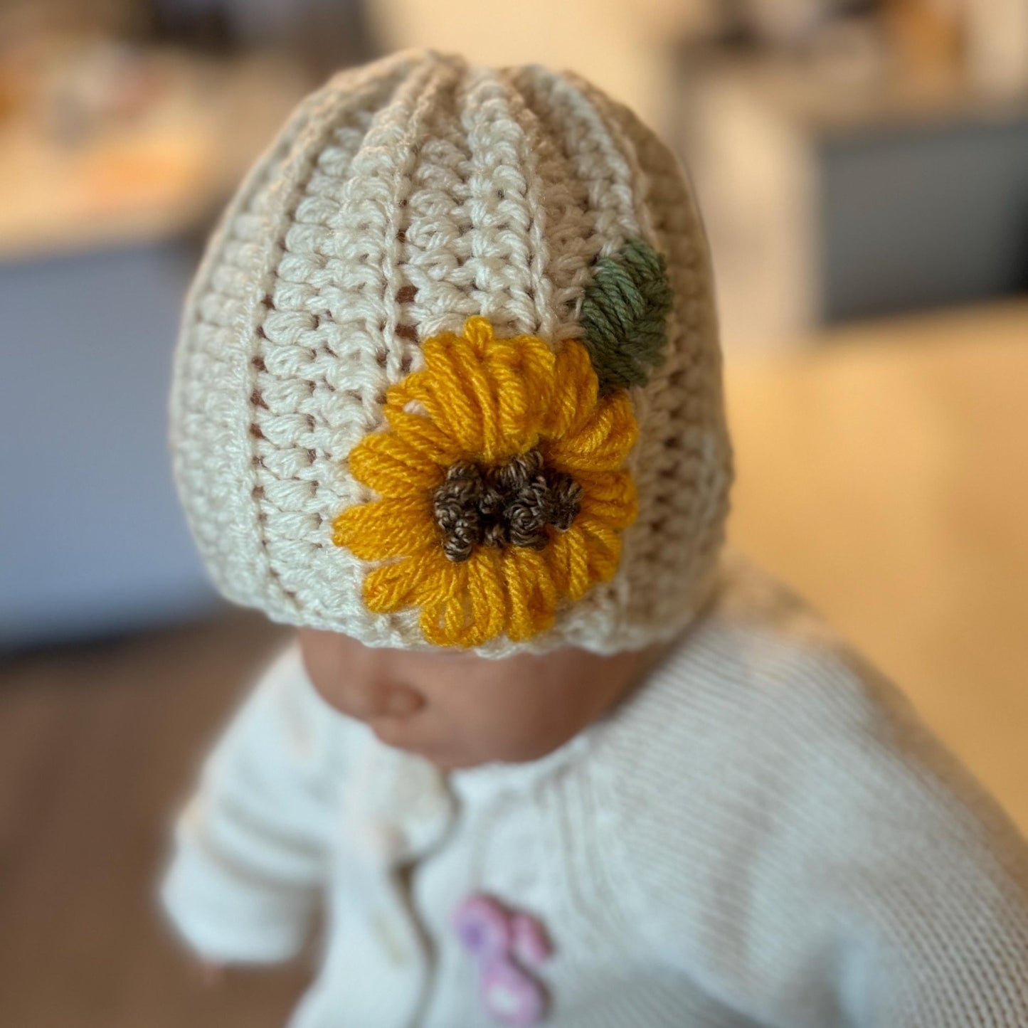 Hat for baby - crochet with hand embroidered sunflower - beige size newborn to 3T available - Lilly Grace Sparkle Boutique