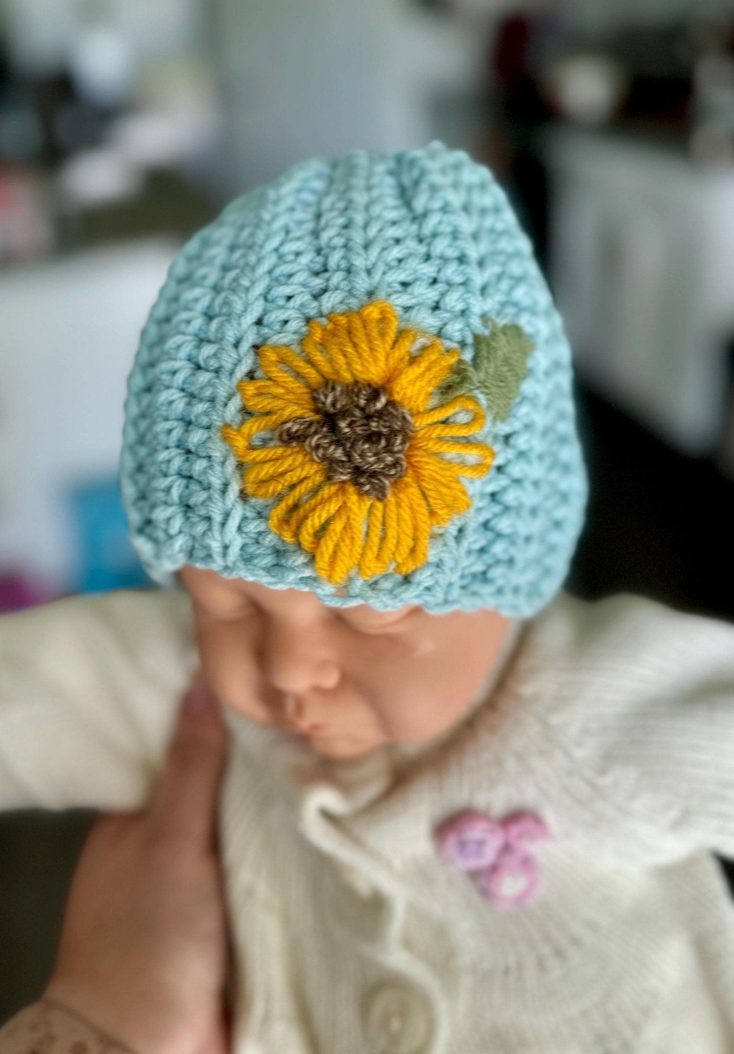 Hat for baby - crochet with hand embroidered sunflower - blue with sunflower embroidery - size newborn to 3T available - Lilly Grace Sparkle Boutique