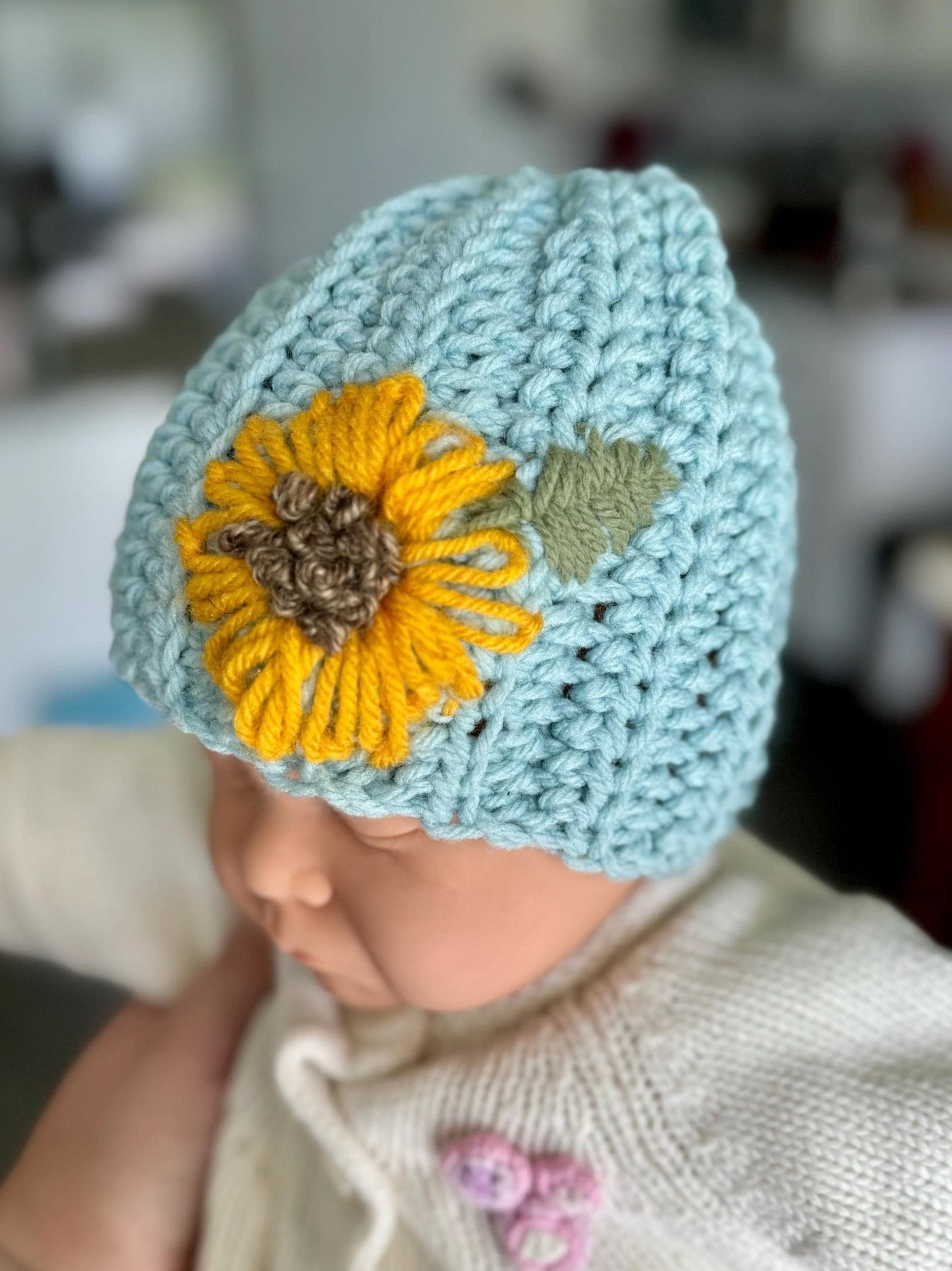 Hat for baby - crochet with hand embroidered sunflower - blue with sunflower embroidery - size newborn to 3T available - Lilly Grace Sparkle Boutique