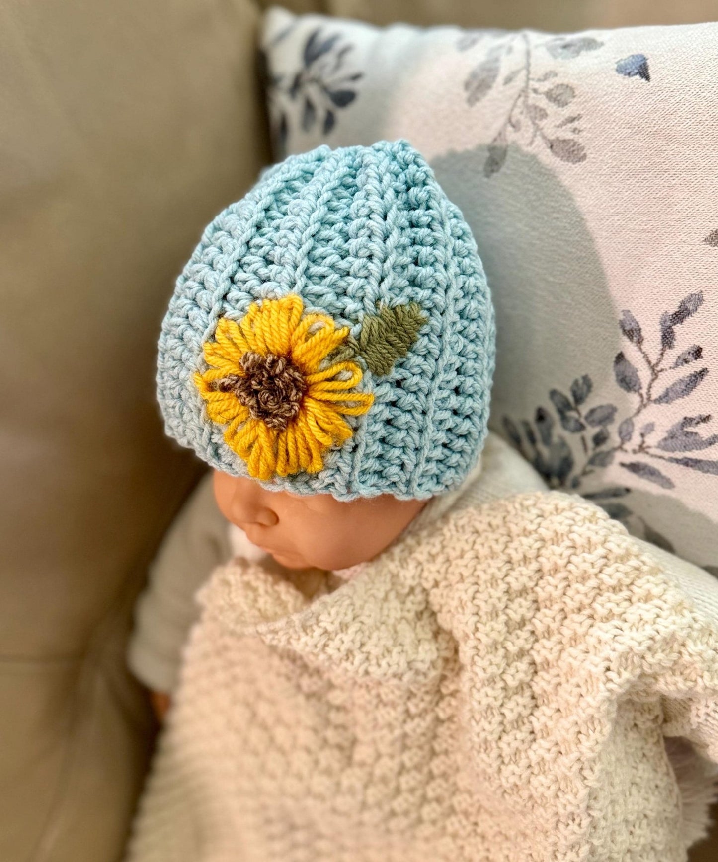 Hat for baby - crochet with hand embroidered sunflower - blue with sunflower embroidery - size newborn to 3T available - Lilly Grace Sparkle Boutique