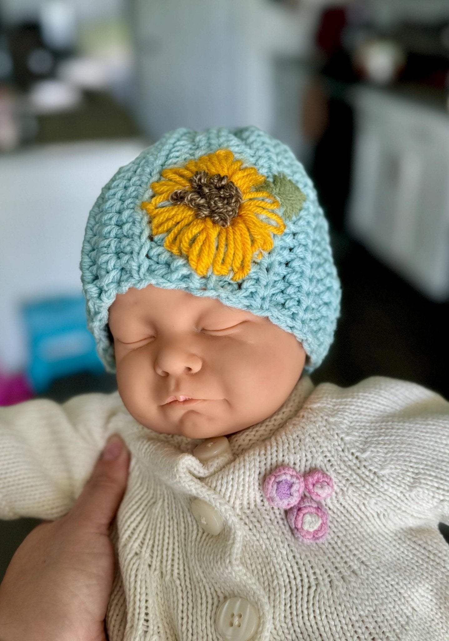 Hat for baby - crochet with hand embroidered sunflower - blue with sunflower embroidery - size newborn to 3T available - Lilly Grace Sparkle Boutique