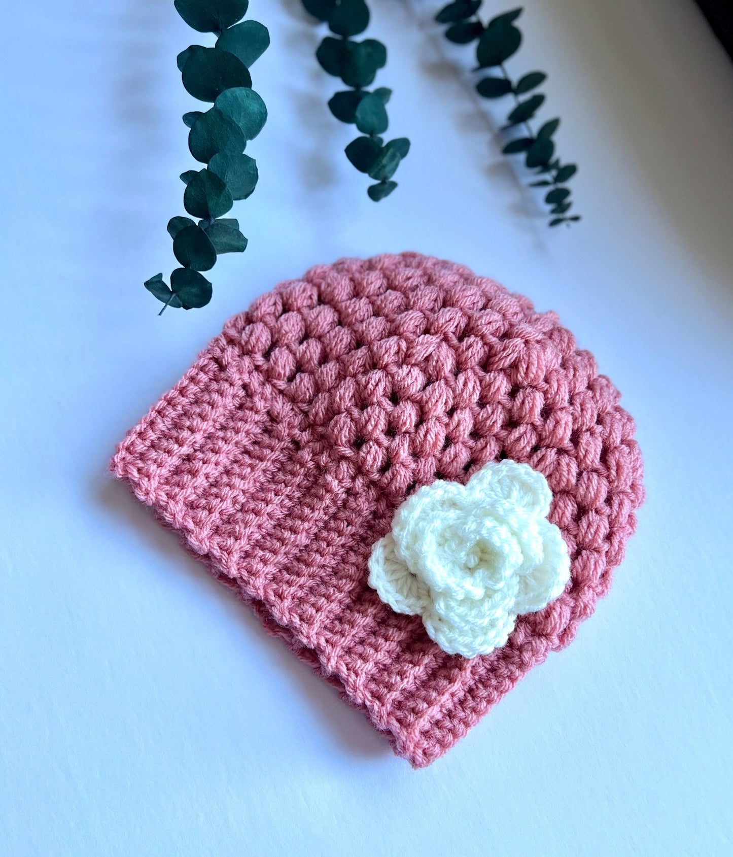 crochet hat for girl, pink hat with white crochet flower, great gift for any occasion, baby girl crochet hat