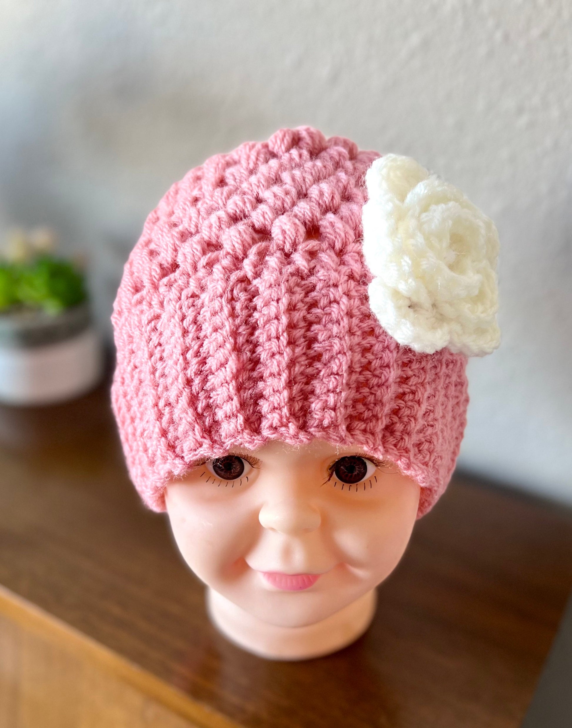 crochet hat for girl, pink hat with white crochet flower, great gift for any occasion, baby girl crochet hat