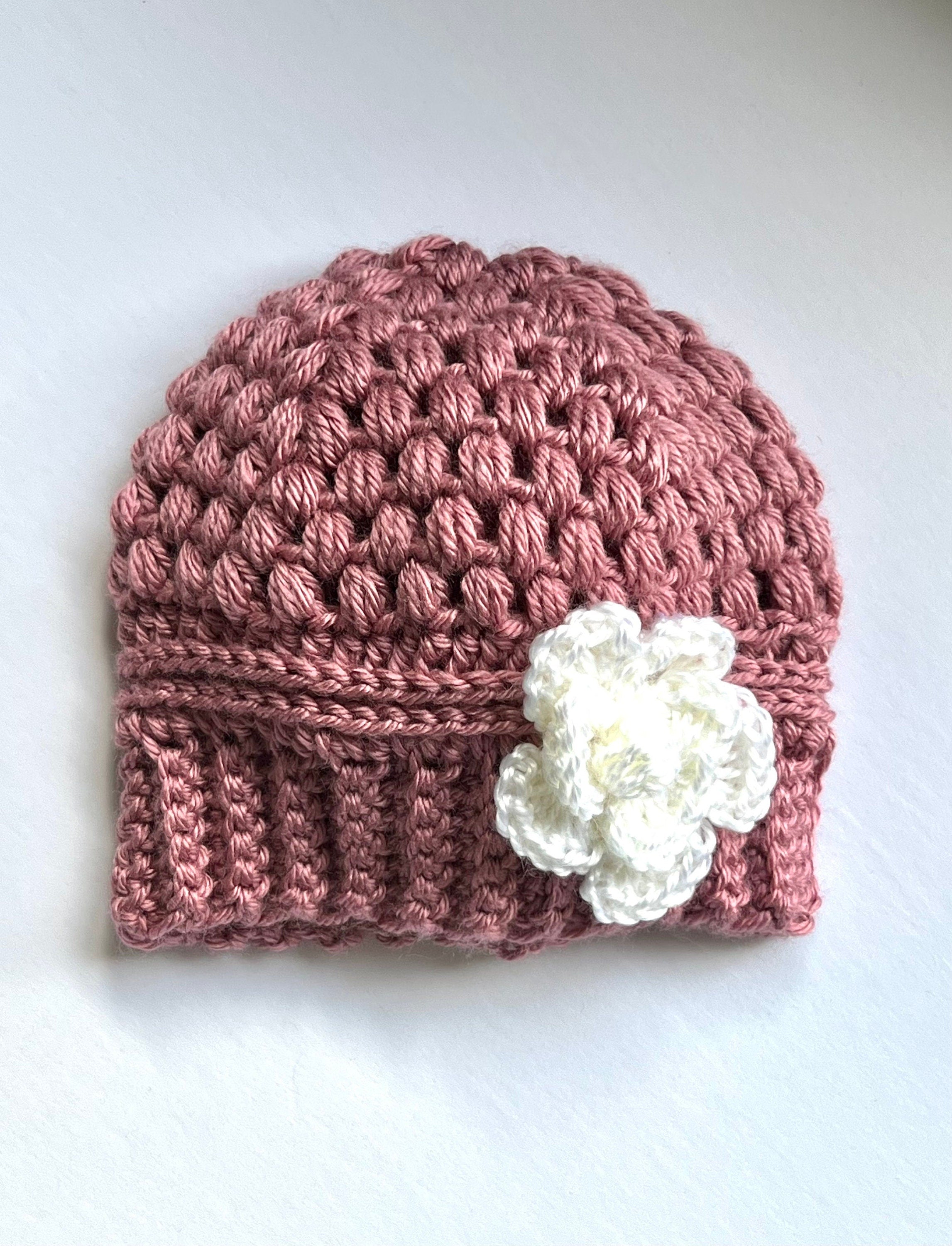 Crochet Beanie Hat with Crochet Flower - Baby Toddler Beanie Hat - Silver with Soft Pink Rose Flower
