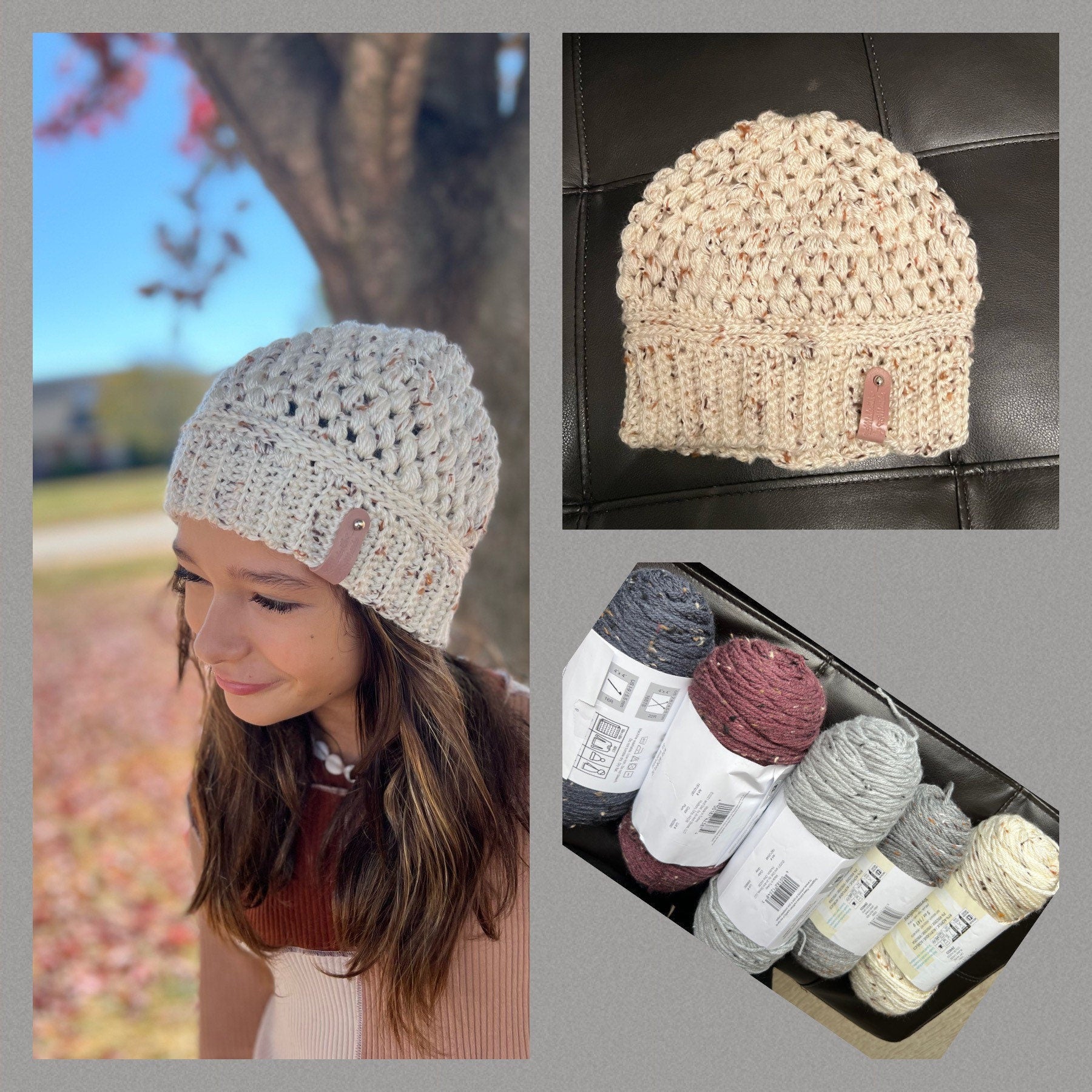 Claire beanie hat, handmade crochet. Color linen. Fall or winter weather trendy crochet beanie. Other colors available, see listing photos