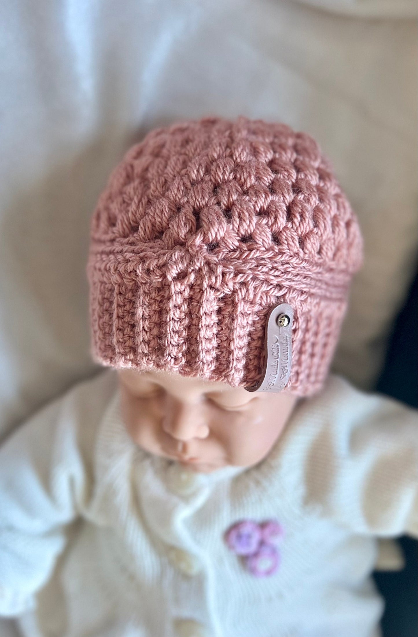 Hat for baby girl, crochet, dusty pink rose color, size 3-9 months, baby girl hat, fall season hats, cute beanie hat for baby girl