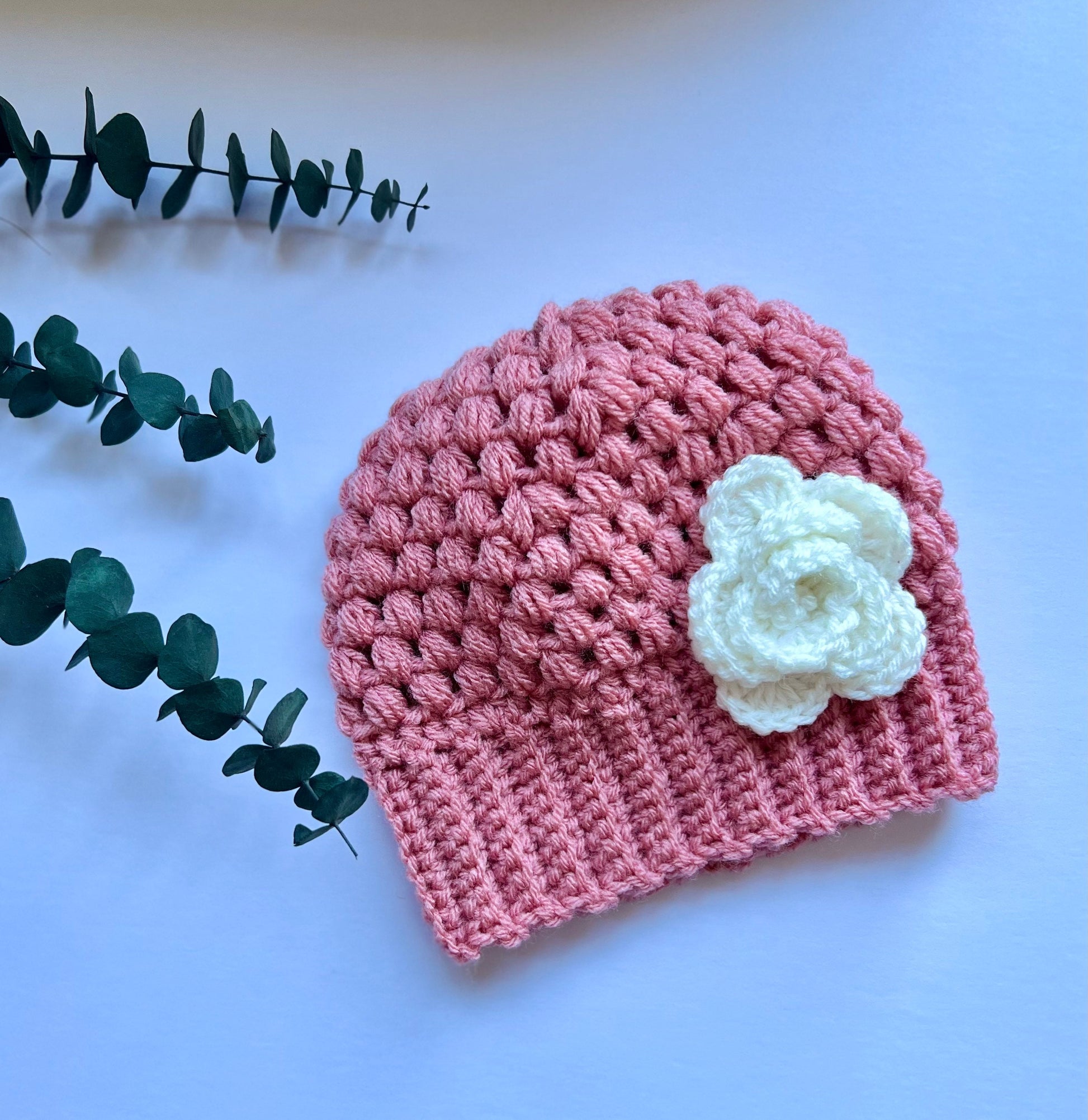 crochet hat for girl, pink hat with white crochet flower, great gift for any occasion, baby girl crochet hat