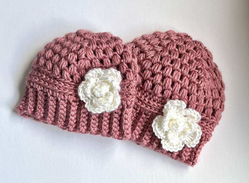 Crochet Beanie Hat with Crochet Flower - Baby Toddler Beanie Hat - Silver with Soft Pink Rose Flower