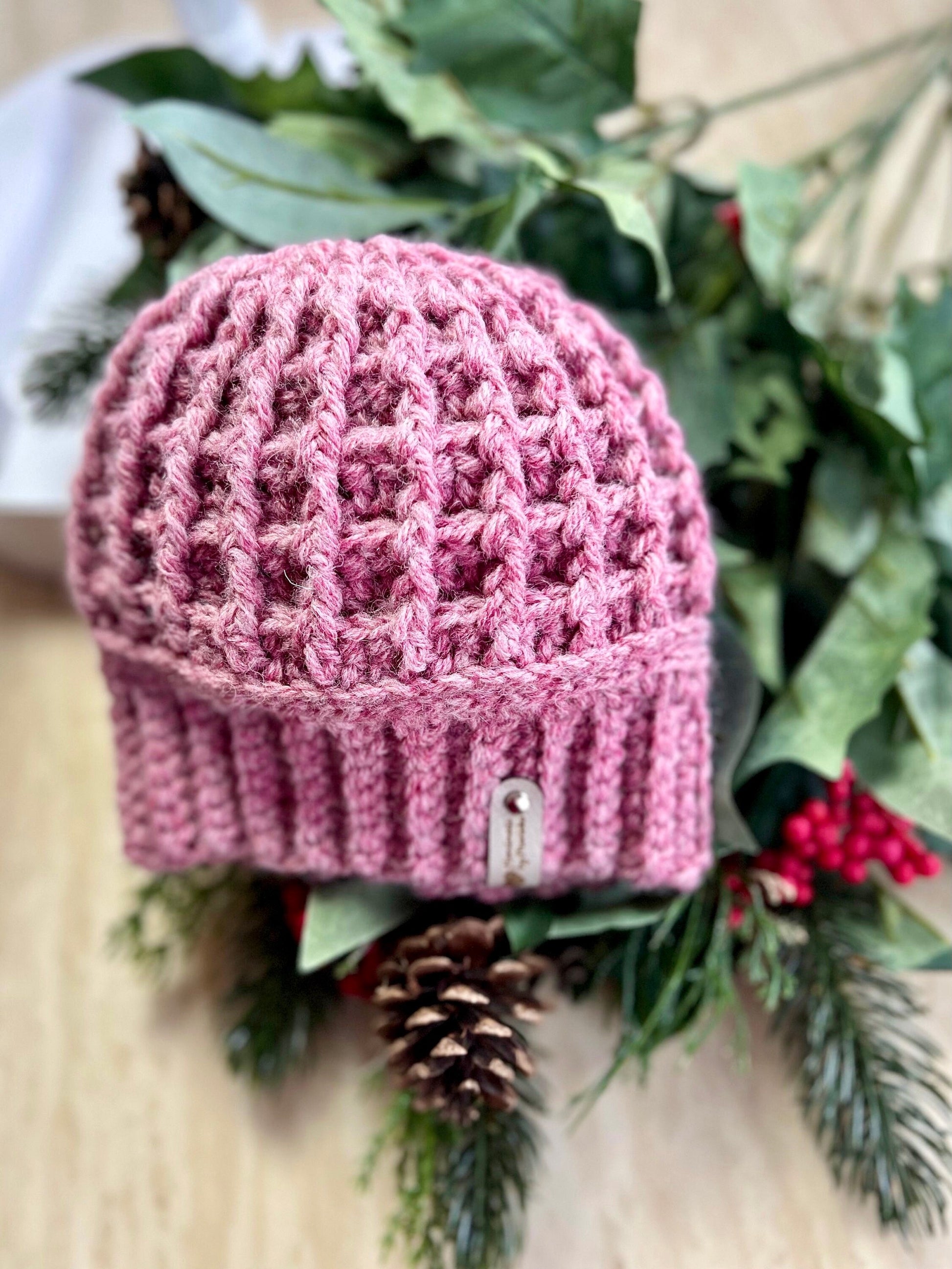 Handmade crochet mauve pink Winter Hat for Cozy Style. Wool/acrylic blend yarn beanie hat, trendy hat, hat for girl, hat for woman