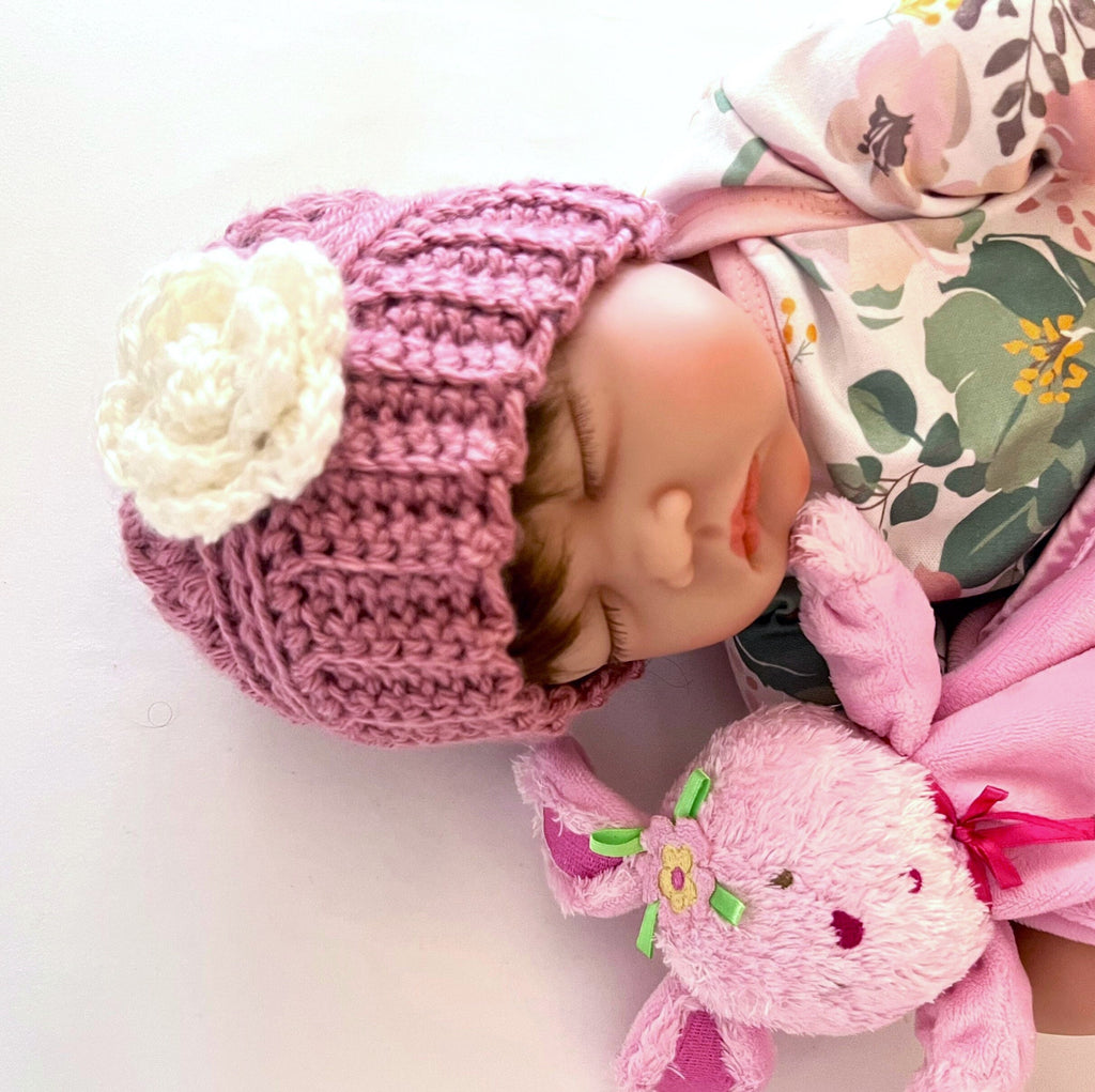 Crochet Beanie Hat with Crochet Flower - Baby Toddler Beanie Hat - Silver with Soft Pink Rose Flower