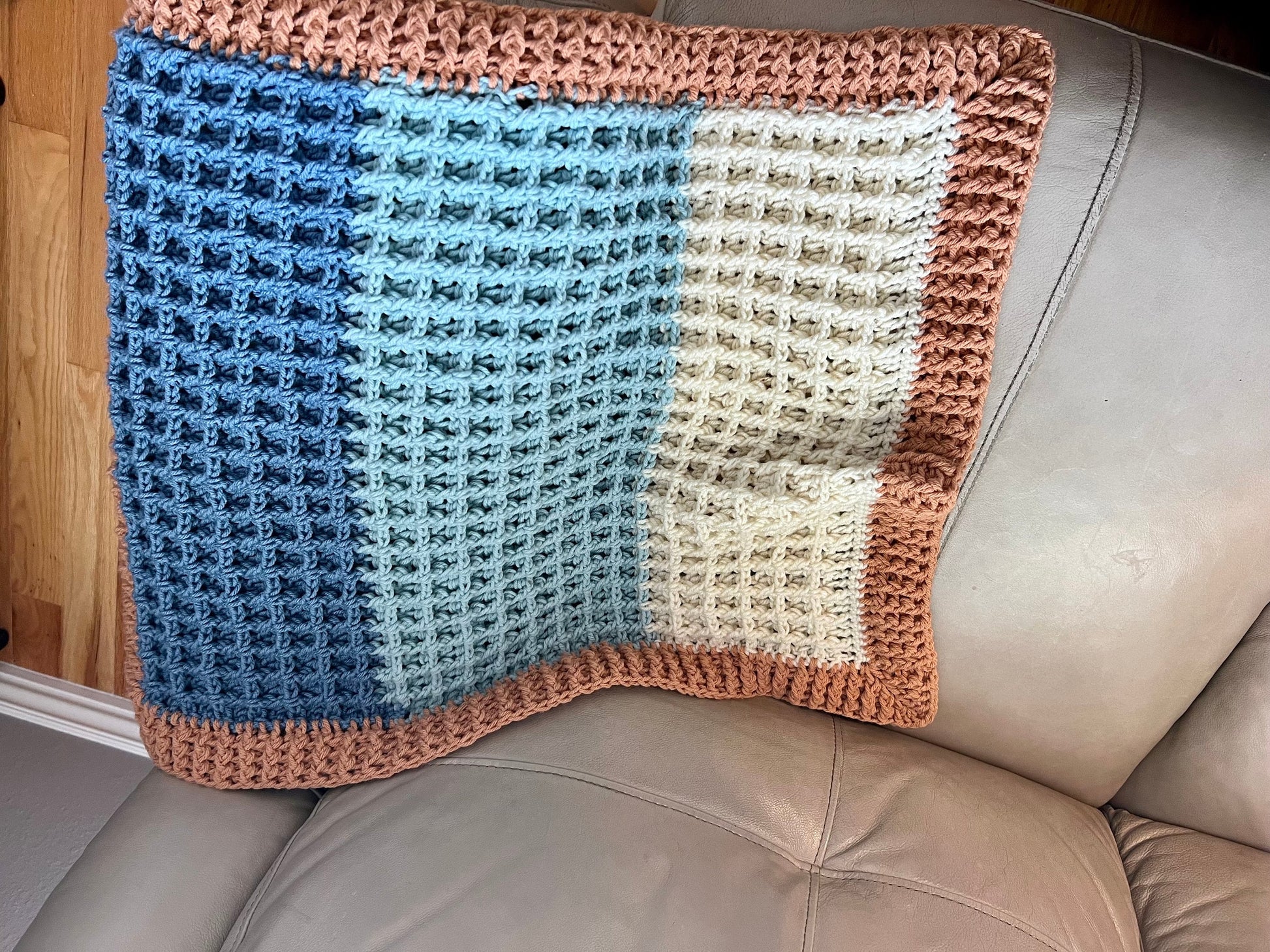 Beach vibes baby blanket in blue, white, and light brown. Modern heirloom blanket, baby shower gift 27”x23” cradle/ basinet/carseat blanket