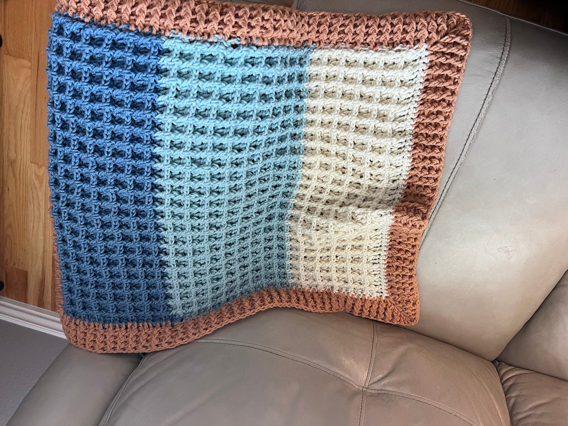 Beach vibes baby blanket in blue, white, and light brown. Modern heirloom blanket, baby shower gift 27”x23” cradle/ basinet/carseat blanket