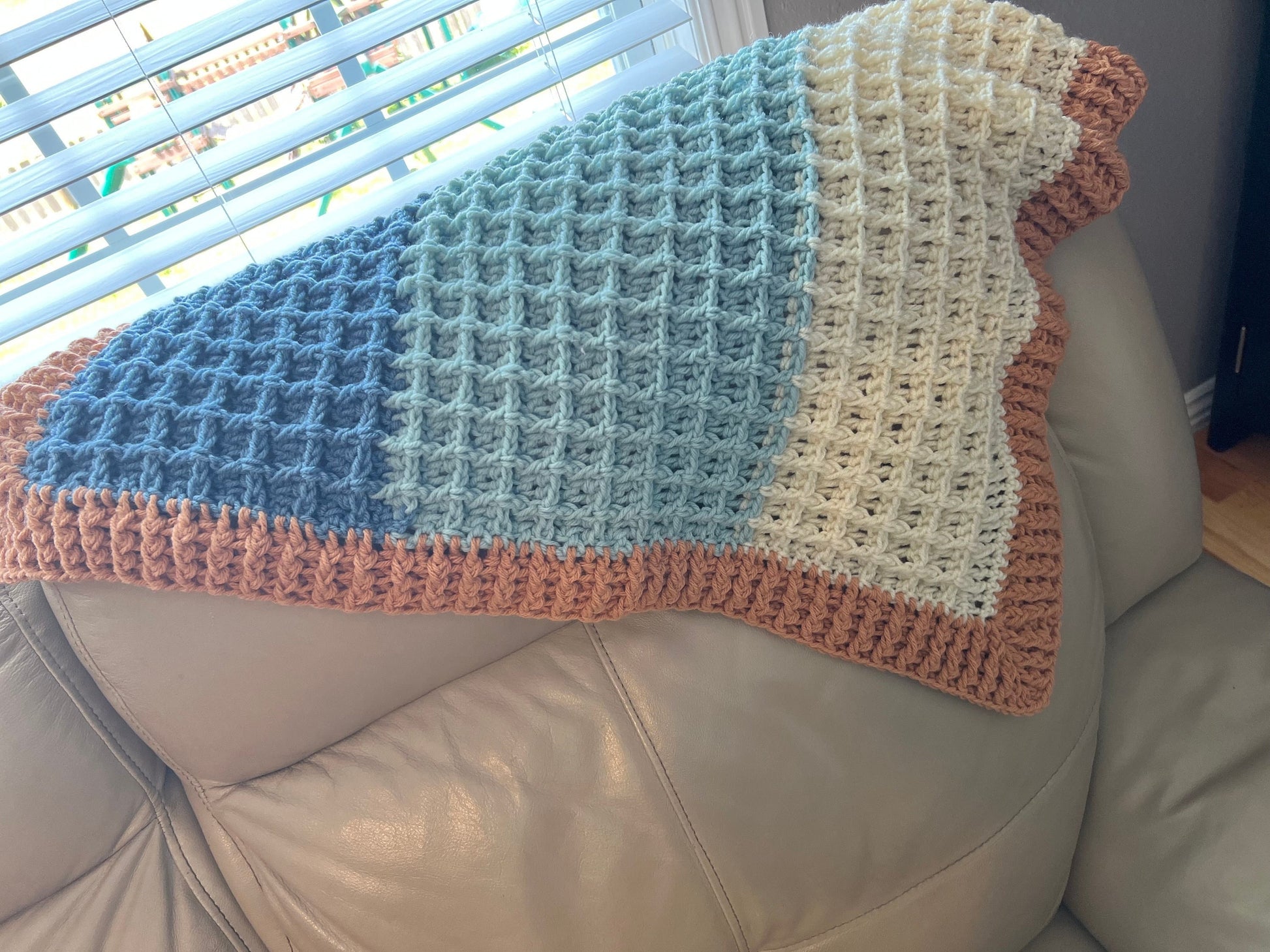 Beach vibes baby blanket in blue, white, and light brown. Modern heirloom blanket, baby shower gift 27”x23” cradle/ basinet/carseat blanket