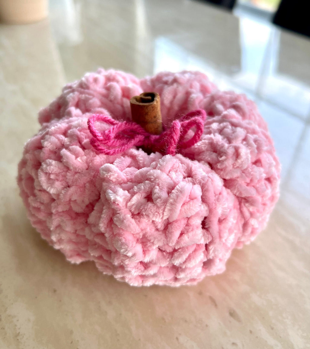Plush Pink pumpkin decorative with cinnamon stick stem for touch of warmth