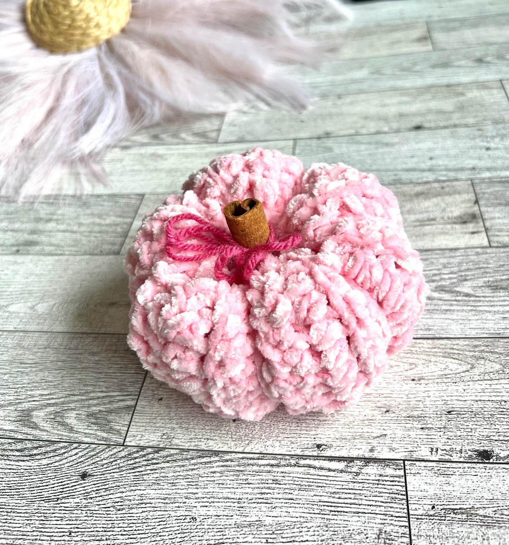 Plush Pink pumpkin decorative with cinnamon stick stem for touch of warmth