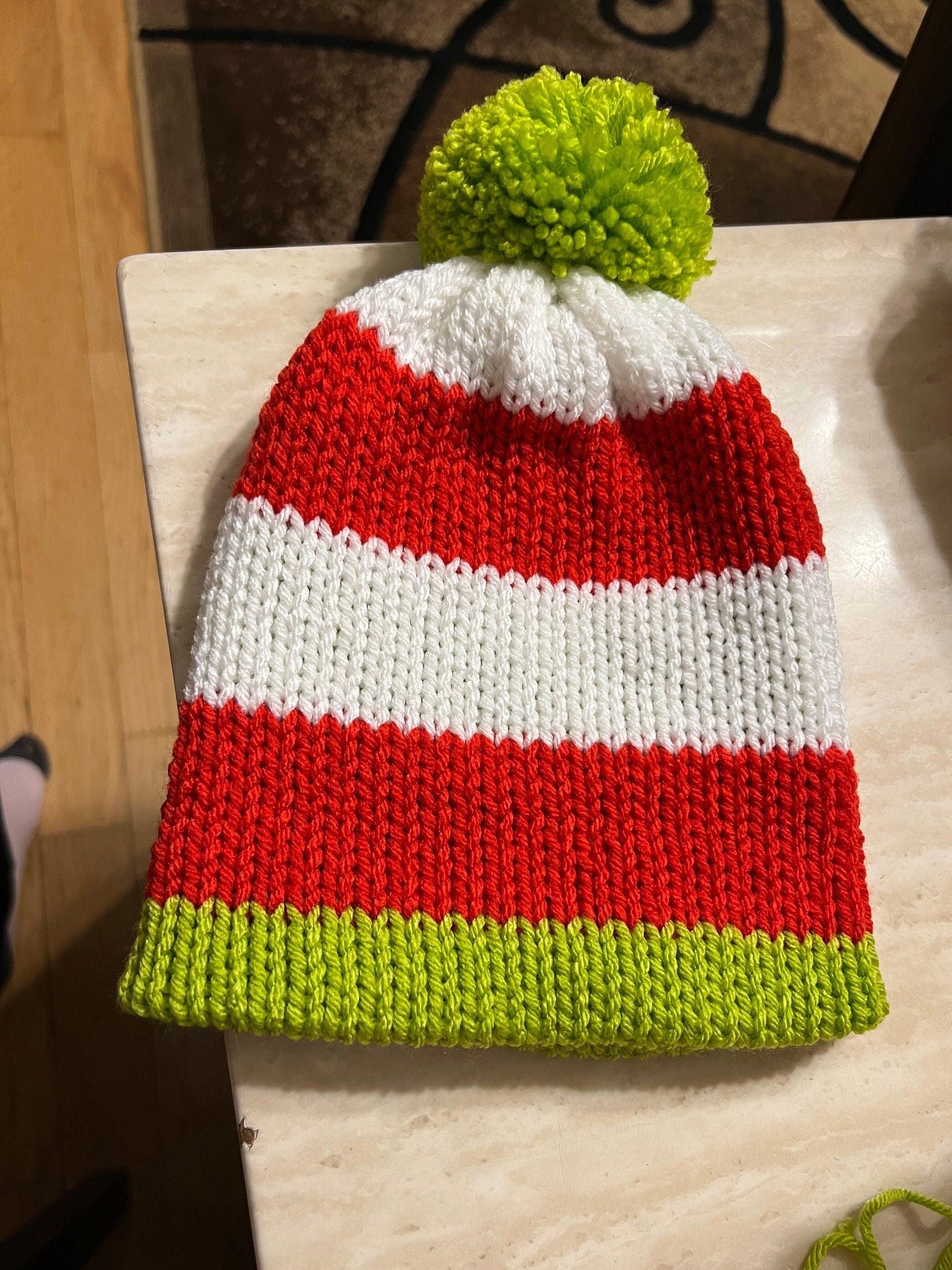 Christmas beanie hat, red-white- lime green colored, sizes newborn to adult, Grinch hat, baby Grinch hat, woman’s grinch hat, toddler beanie