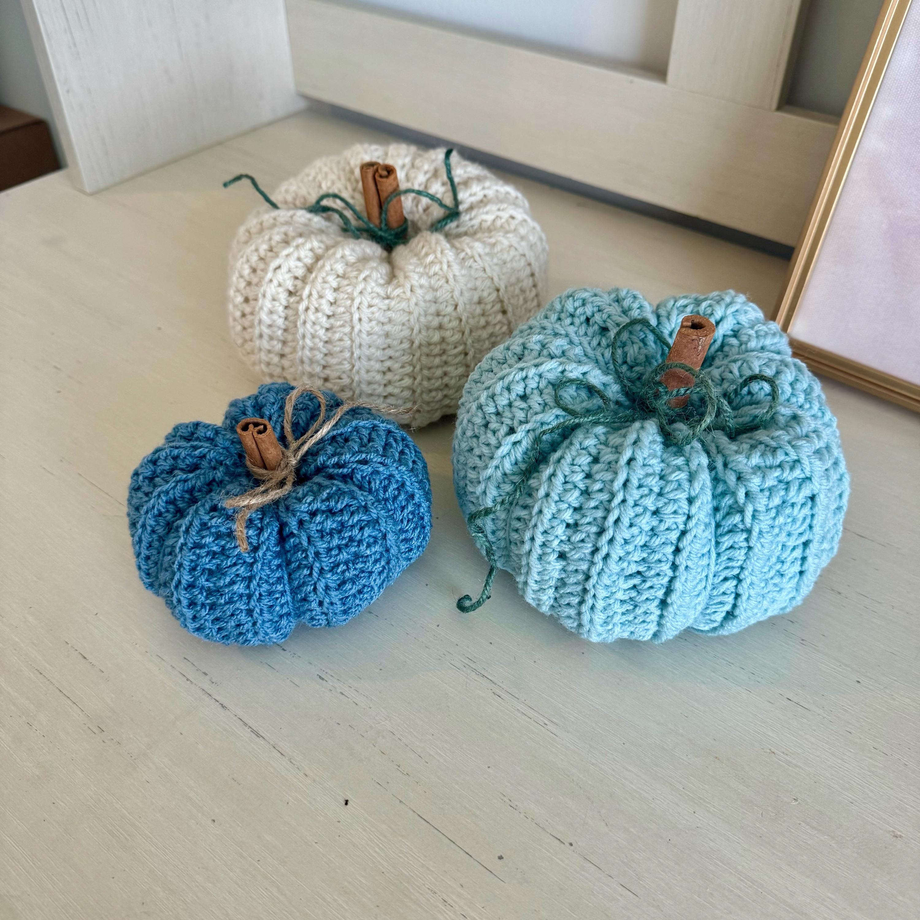 Decorative handmade crochet pumpkin coastal blue vibe
