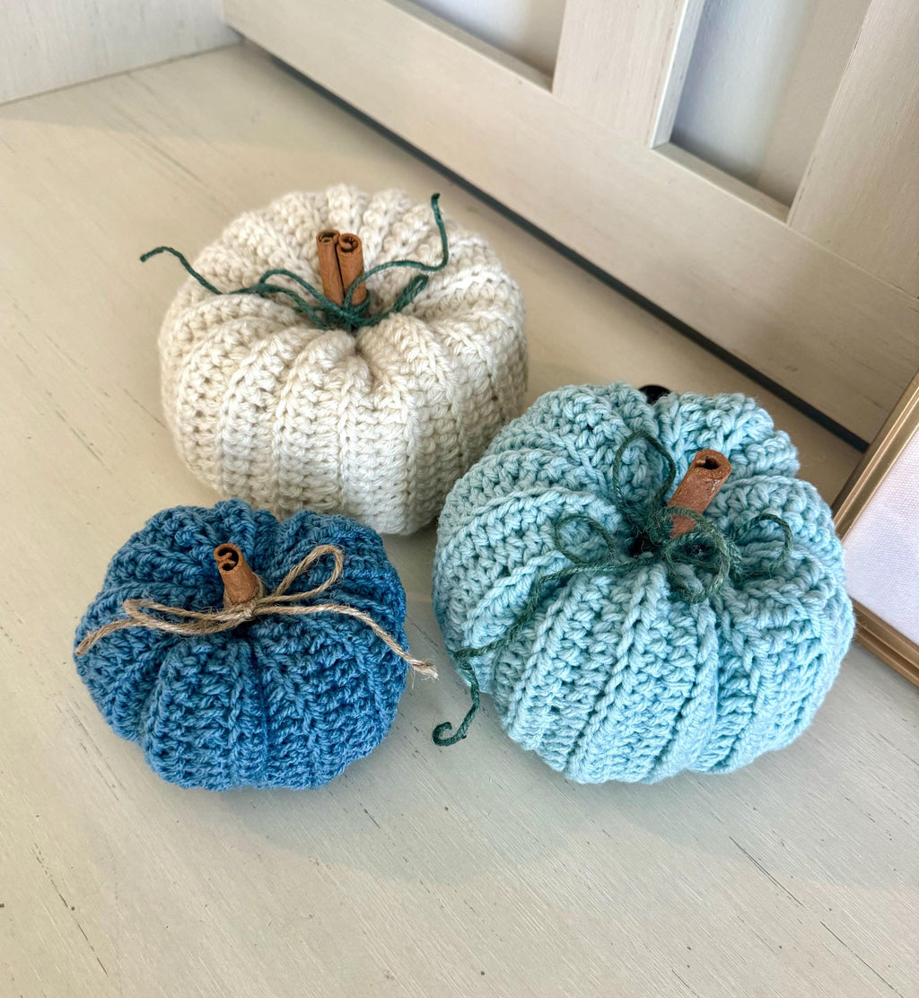 Decorative handmade crochet pumpkin coastal blue vibe