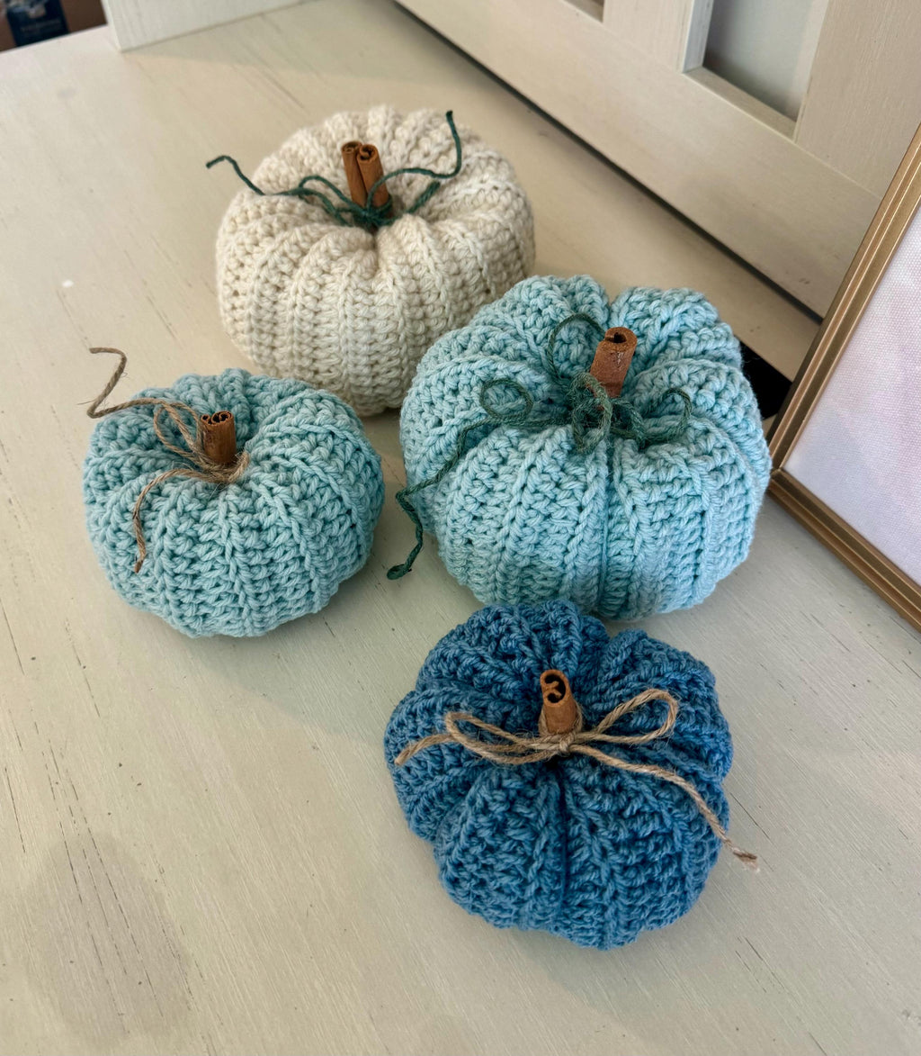 Decorative handmade crochet pumpkin coastal blue vibe