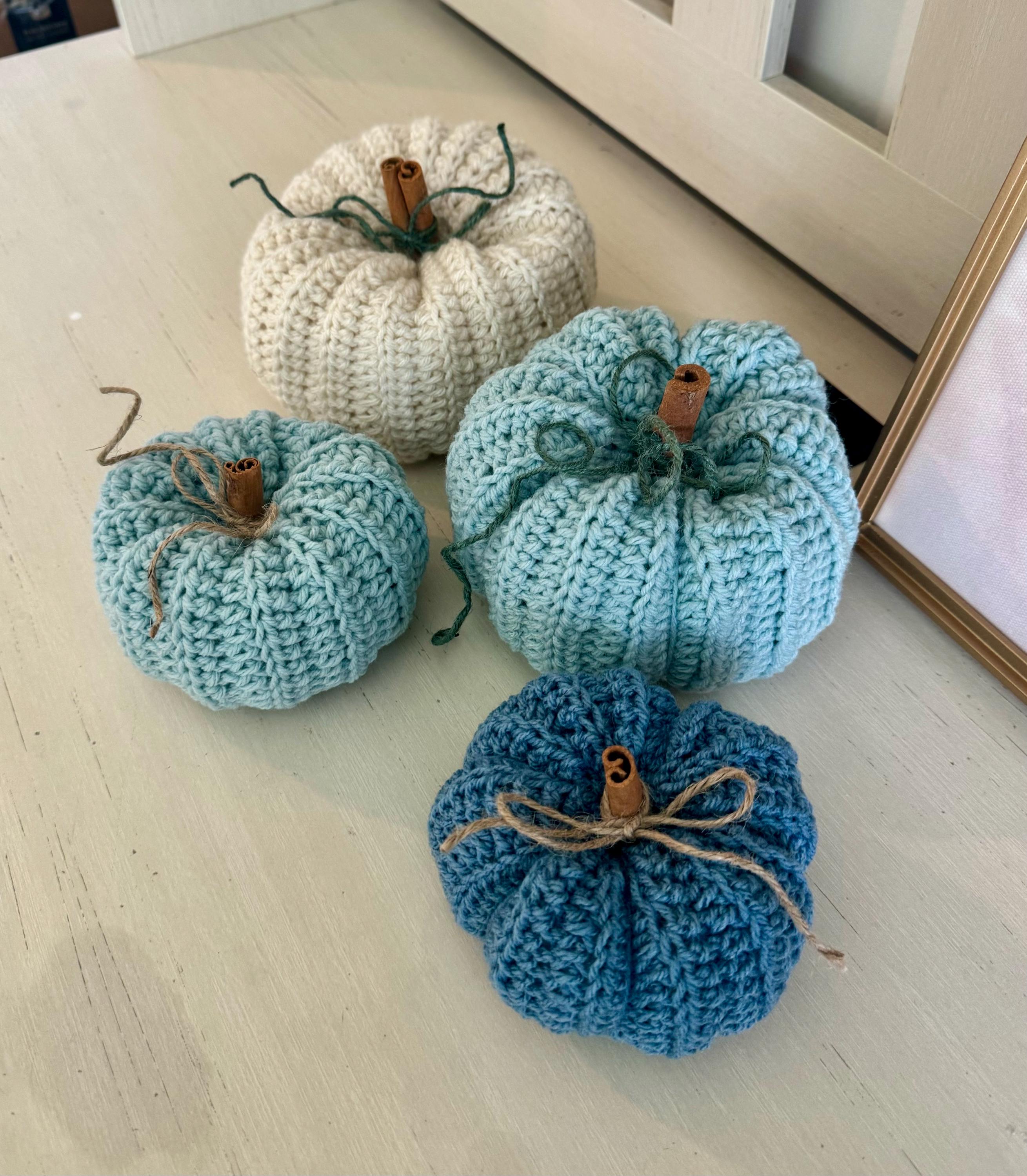 Decorative handmade crochet pumpkin coastal blue vibe